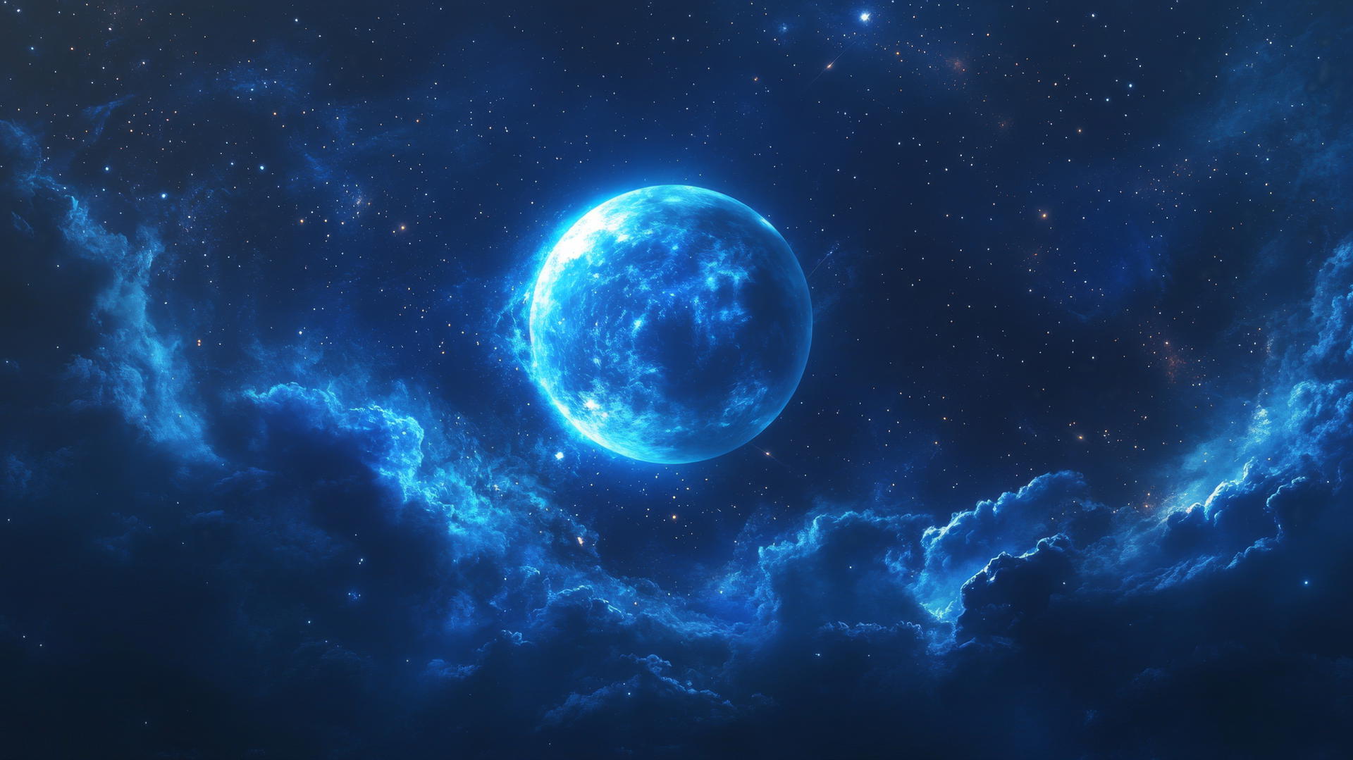aesthetic blue wallpaper with celestial blue moon against a starry night sky