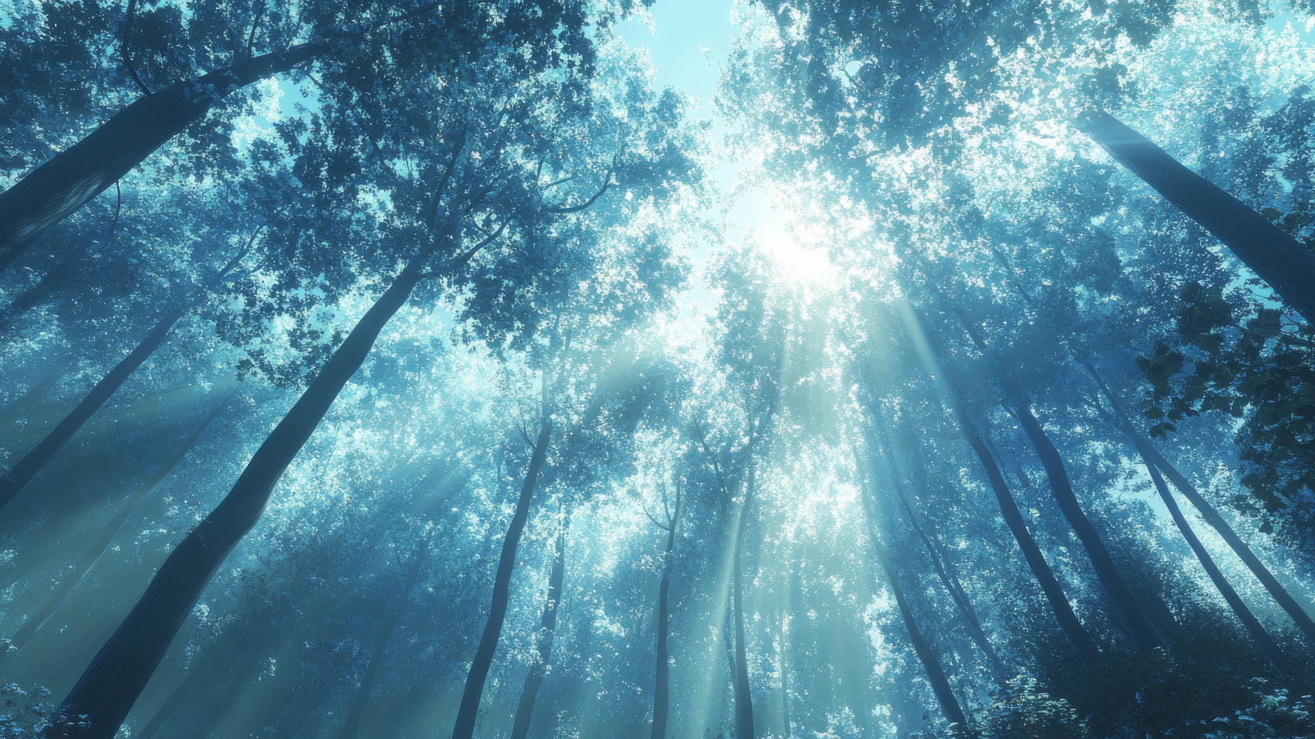 Aesthetic blue wallpaper of trees with blue-tinted leaves and dappled sunlight