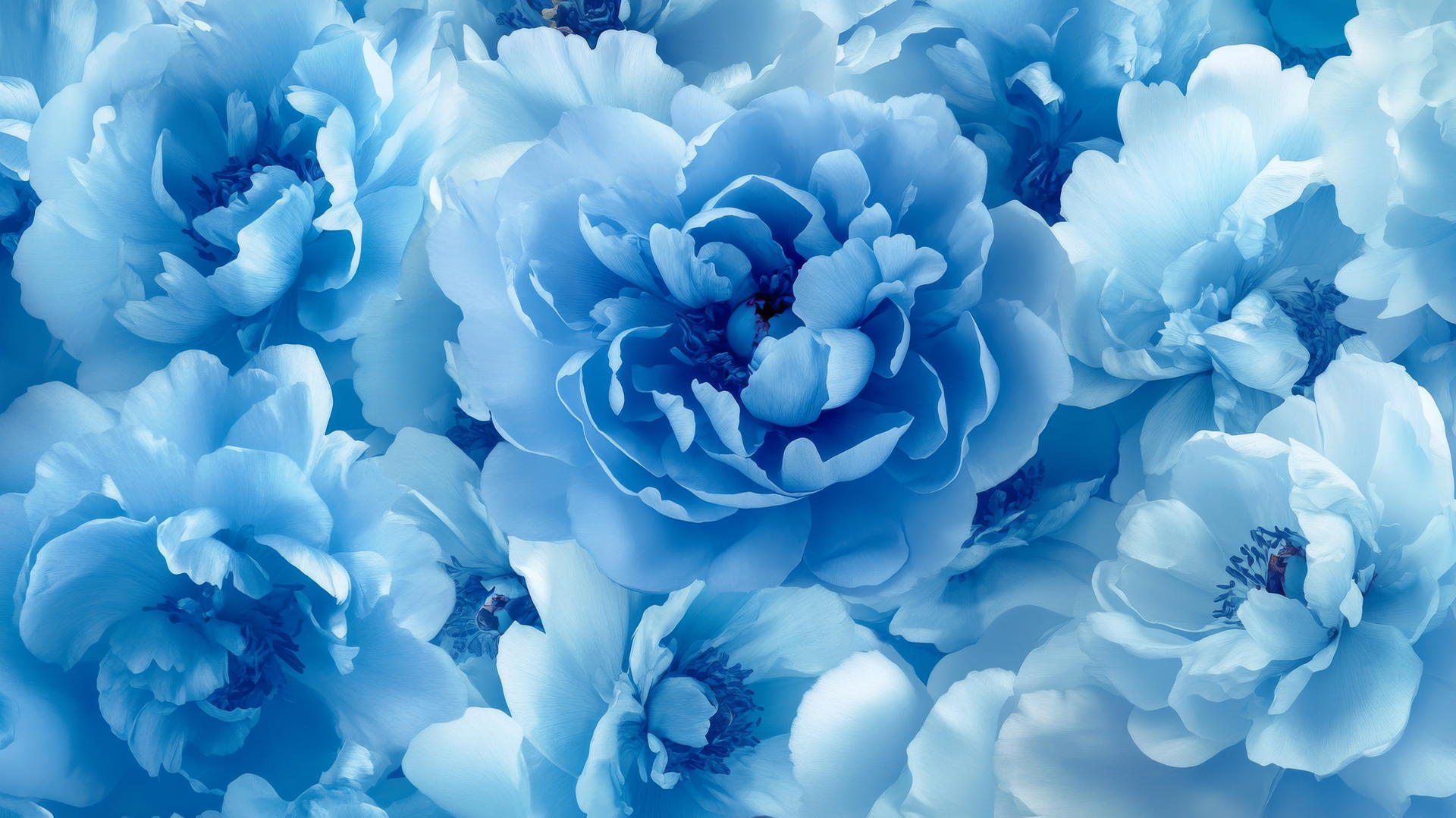 blue floral wallpaper with lush blue peonies in full bloom against muted blue backdrop