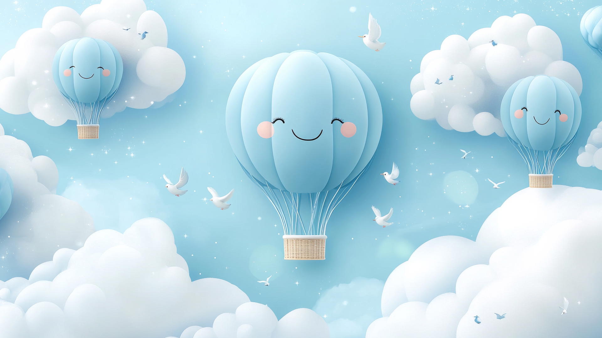 cute blue wallpaper with smiling blue hot air balloons floating in a sky with fluffy clouds and tiny birds