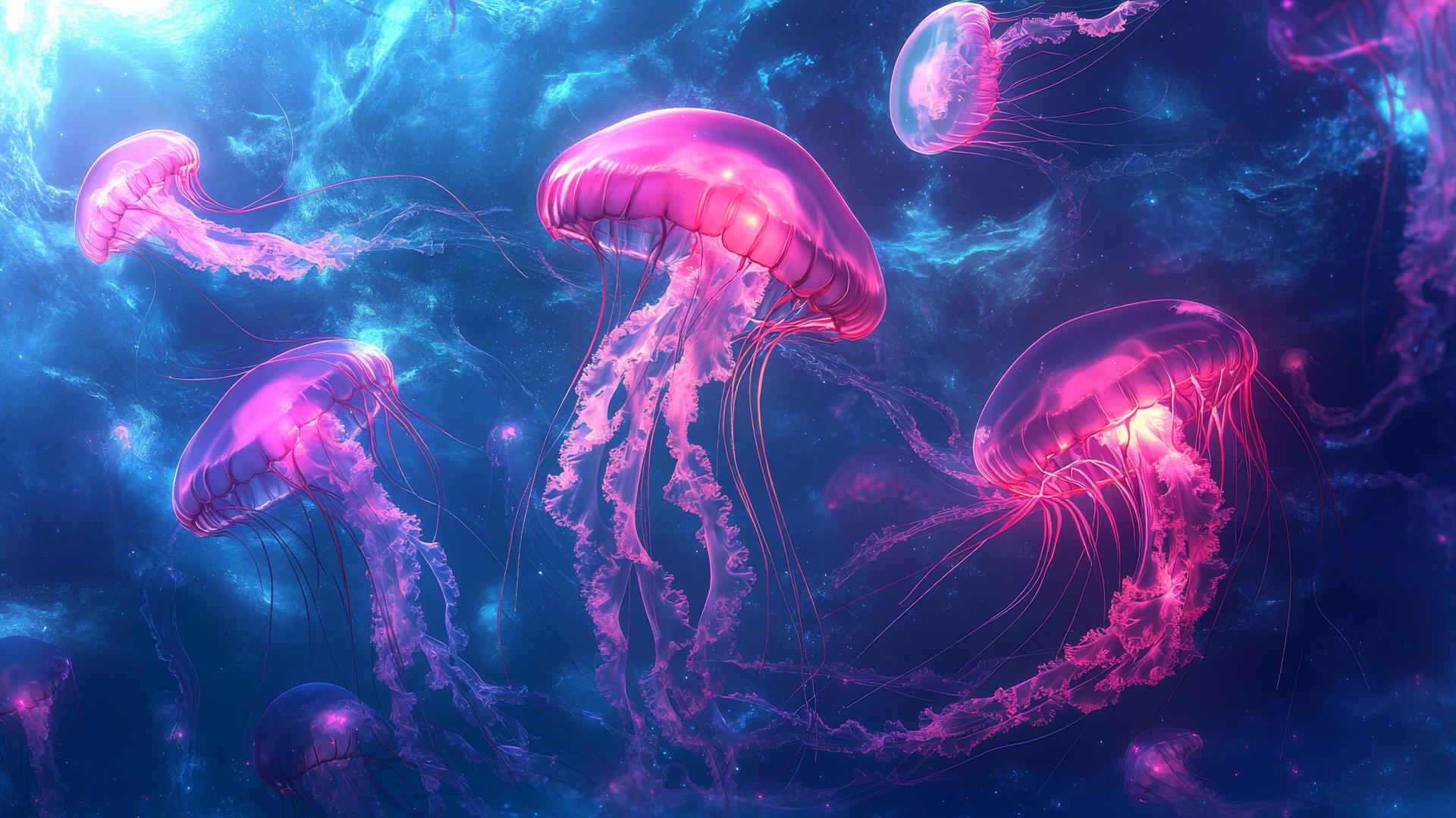 ethereal pink and blue jellyfish with glowing tendrils in a deep blue ocean, pink and blue wallpaper