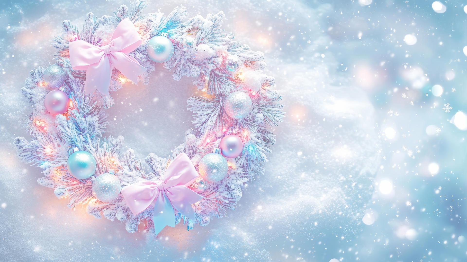 girly cute christmas wallpaper with pastel-colored wreath, bows, ornaments, and glowing lights
