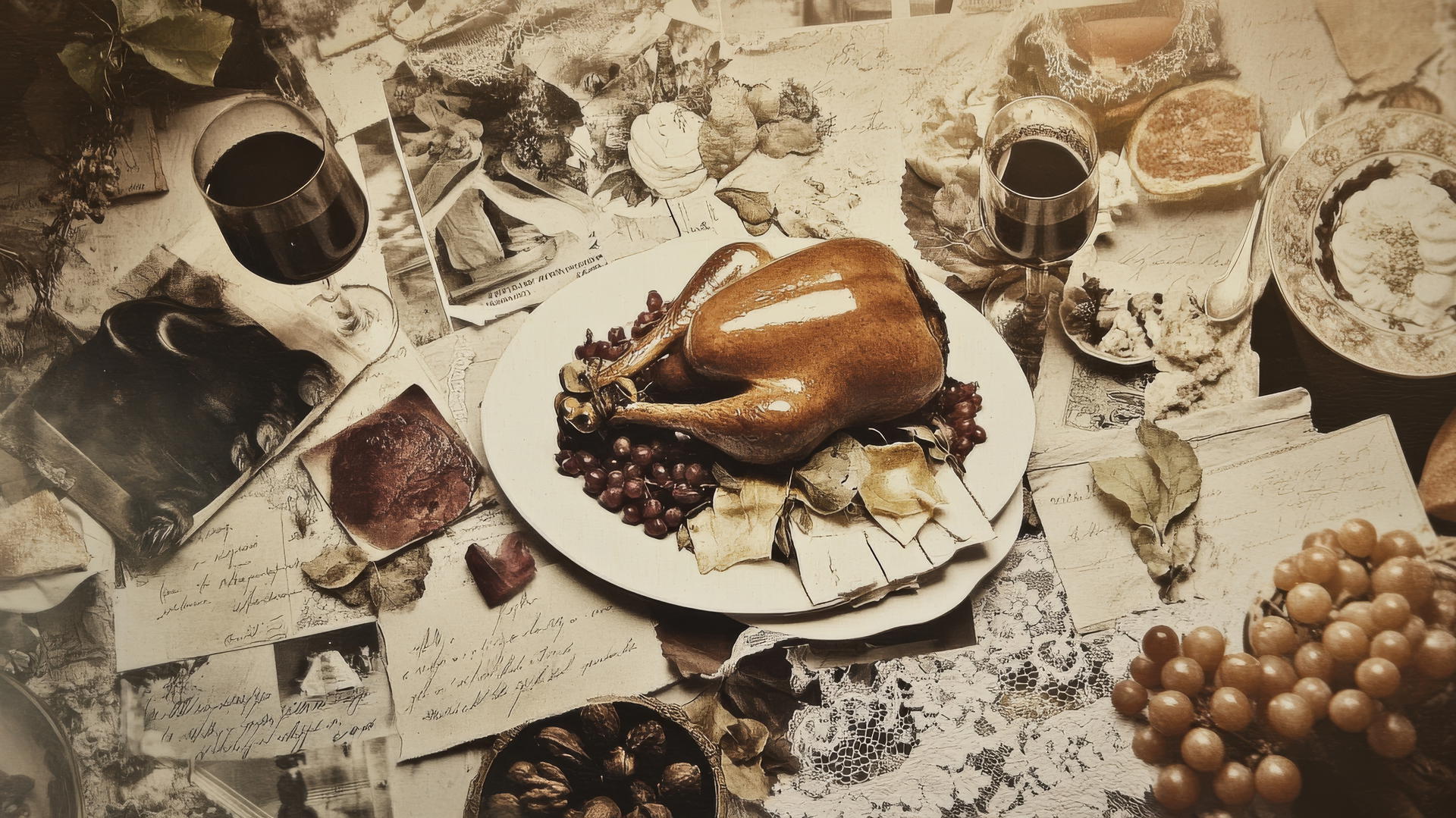 thanksgiving wallpaper aesthetic with vintage sepia photos, lace, and handwritten notes