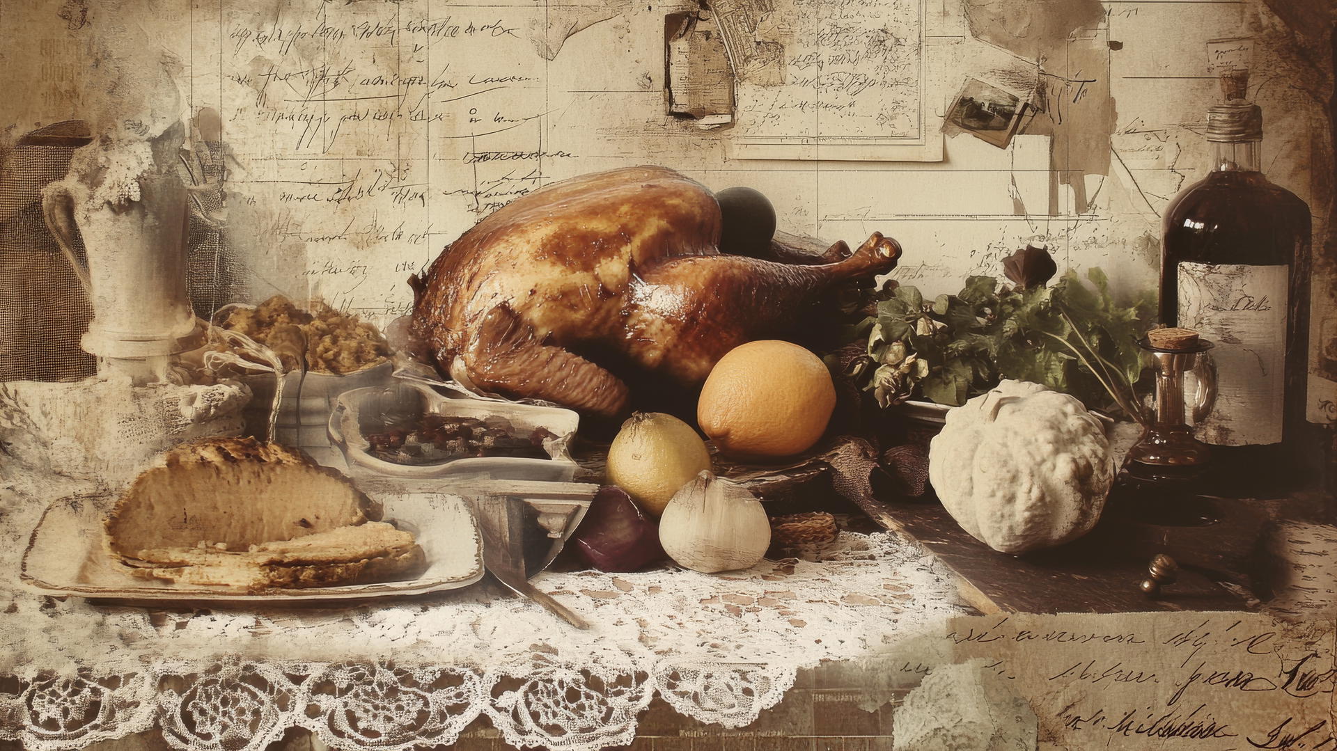 thanksgiving wallpaper aesthetic with vintage sepia-toned photos and layered textures