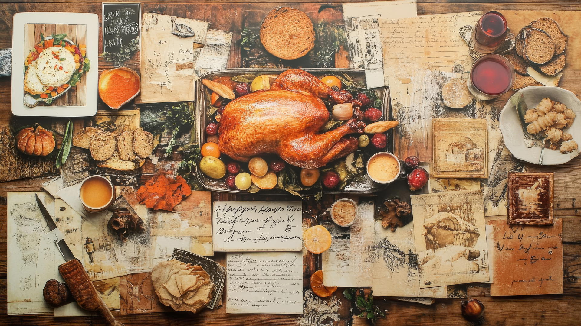 Happy Thanksgiving wallpaper with collage of dishes, recipe cards, and retro photos