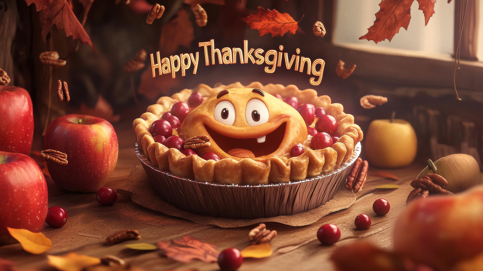 Happy Thanksgiving wallpaper with smiling pie, animated cranberries, pecans, and apples