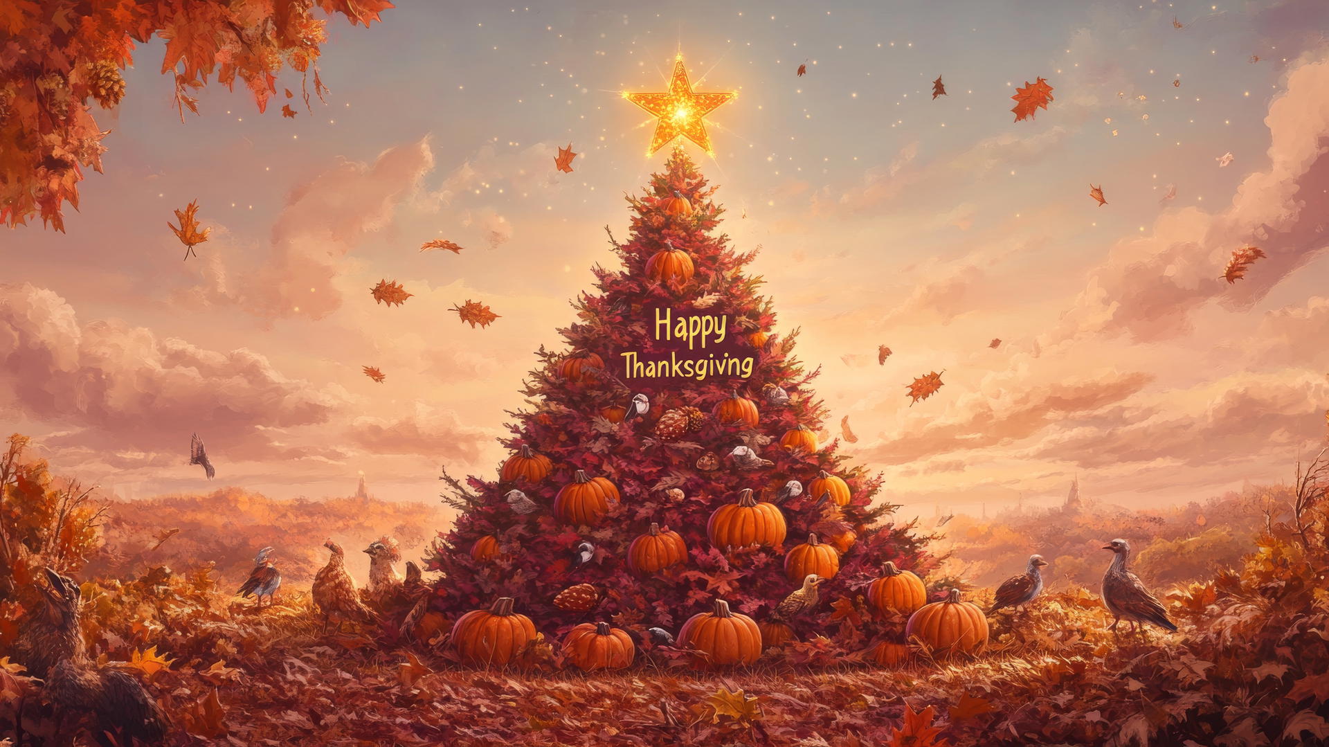 Happy Thanksgiving wallpaper with decorated tree, turkeys, pumpkins, and leaves