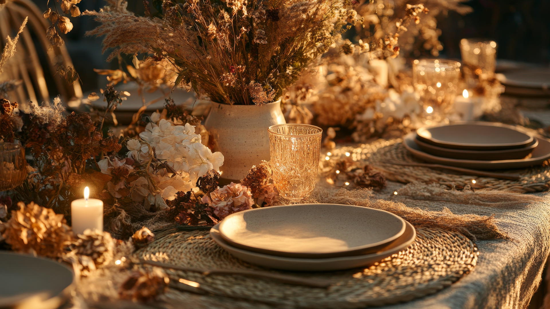 Aesthetic Thanksgiving wallpaper with boho decor, dried flowers, and candlelight.