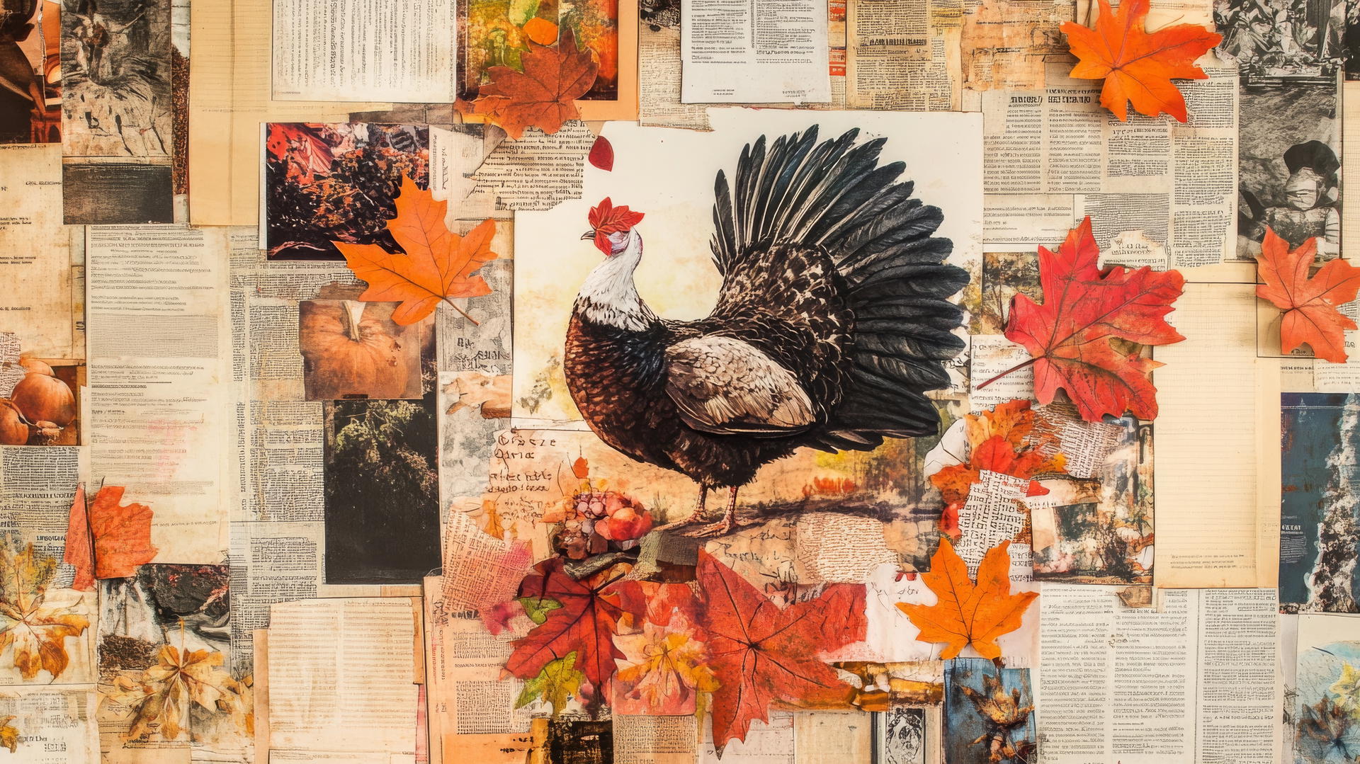 thanksgiving aesthetic wallpaper with a central turkey illustration surrounded by newspaper clippings, handwritten recipes, and hand-pressed leaves