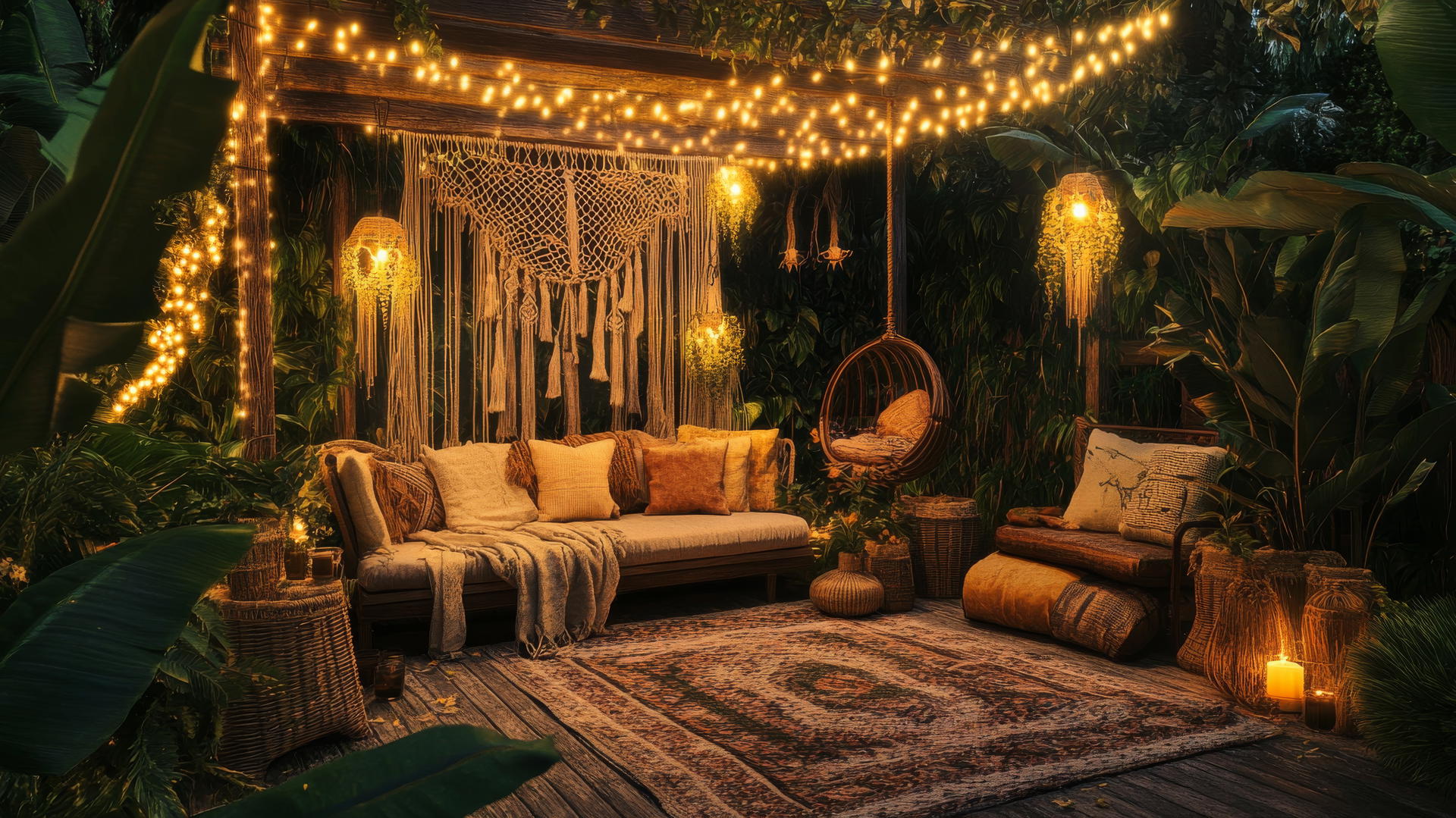bohemian summer aesthetic wallpaper with fairy lights and lush plants