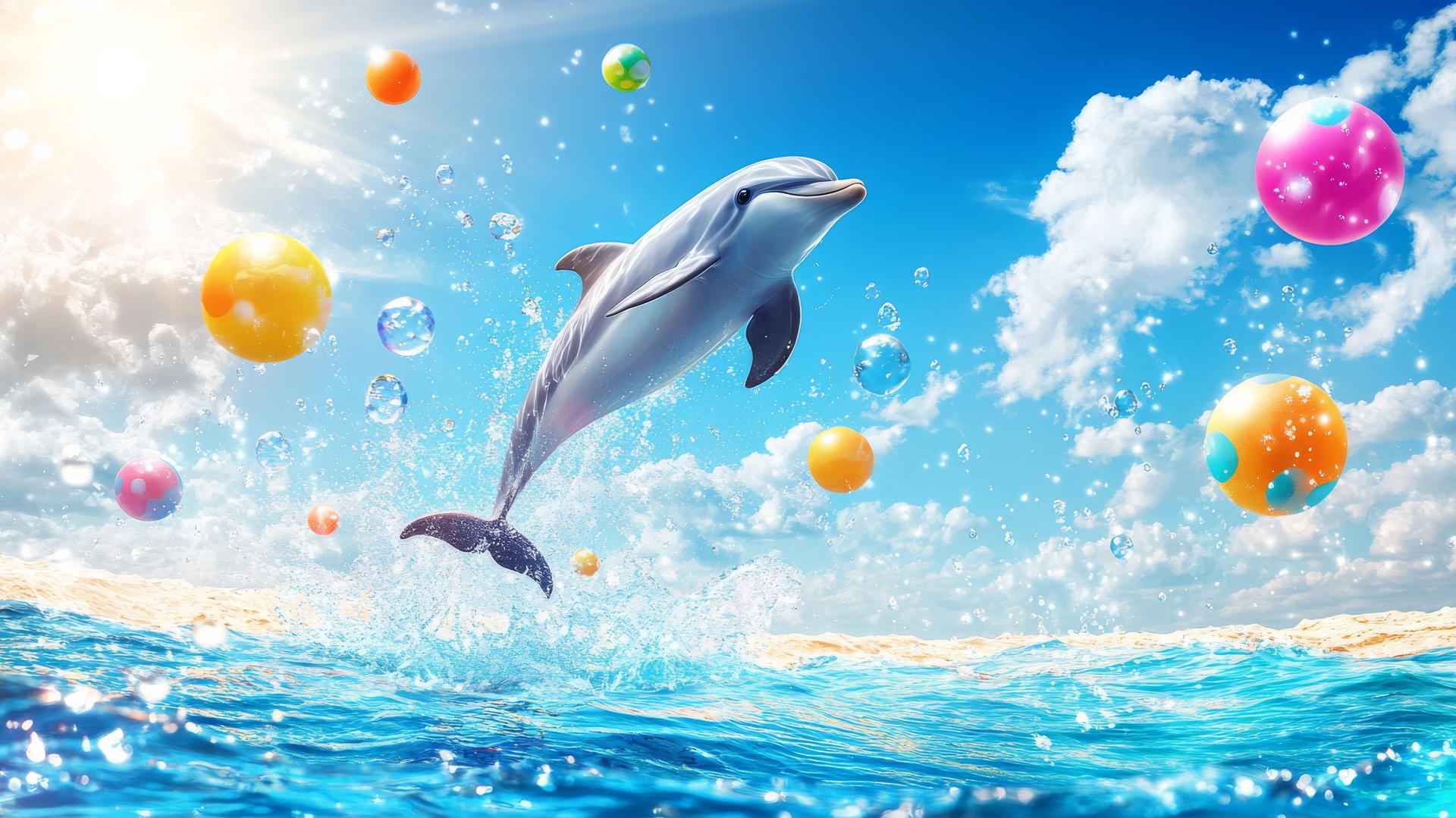 cute summer wallpaper with a dolphin leaping among beach balls and sea bubbles under a sunny sky