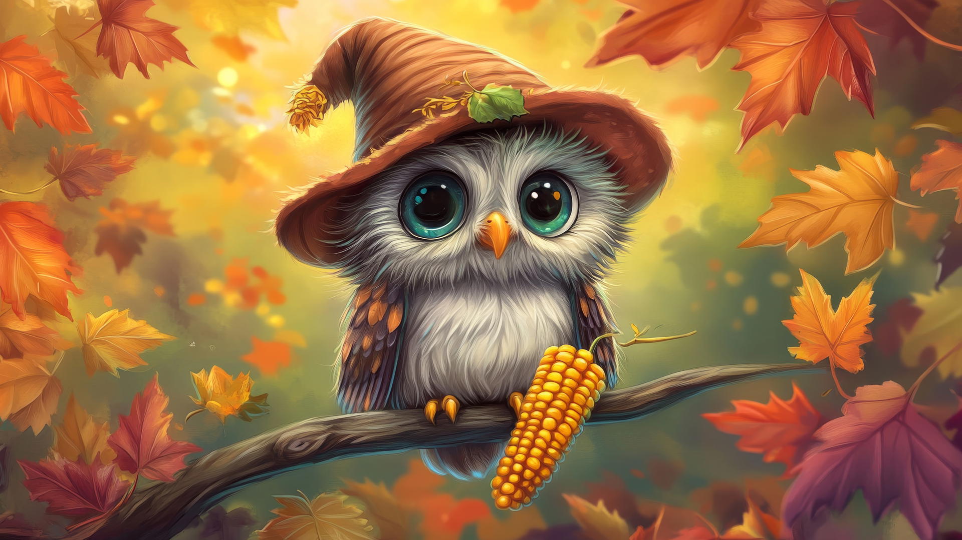 wallpaper cute thanksgiving backgrounds, baby owl in pilgrim hat on branch with autumn leaves