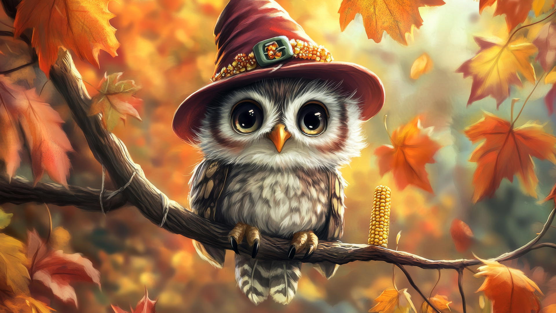 wallpaper cute thanksgiving backgrounds, fluffy baby owl in a pilgrim hat on a branch with autumn leaves holding a corn cob