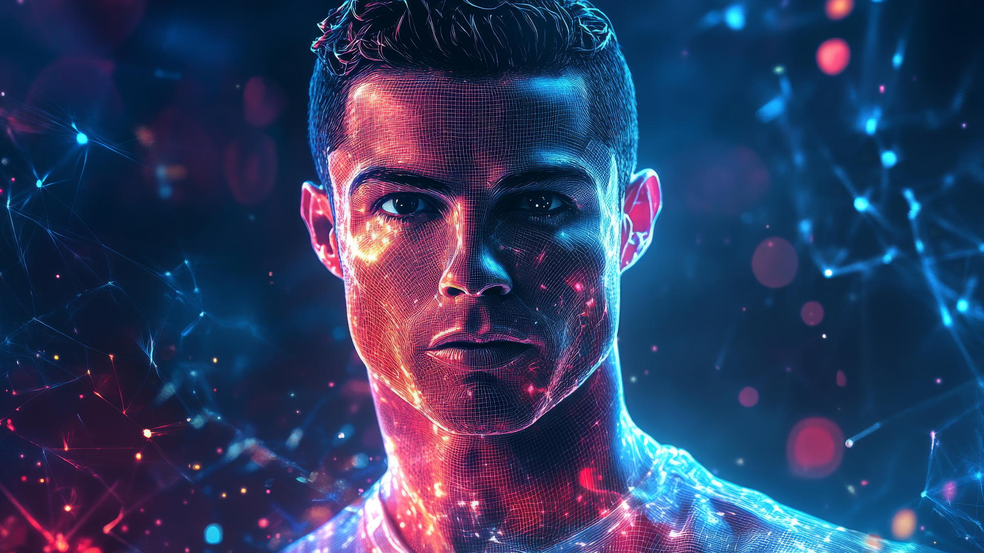 Cristiano Ronaldo 4k wallpaper, digital avatar, pixelated, holographic elements