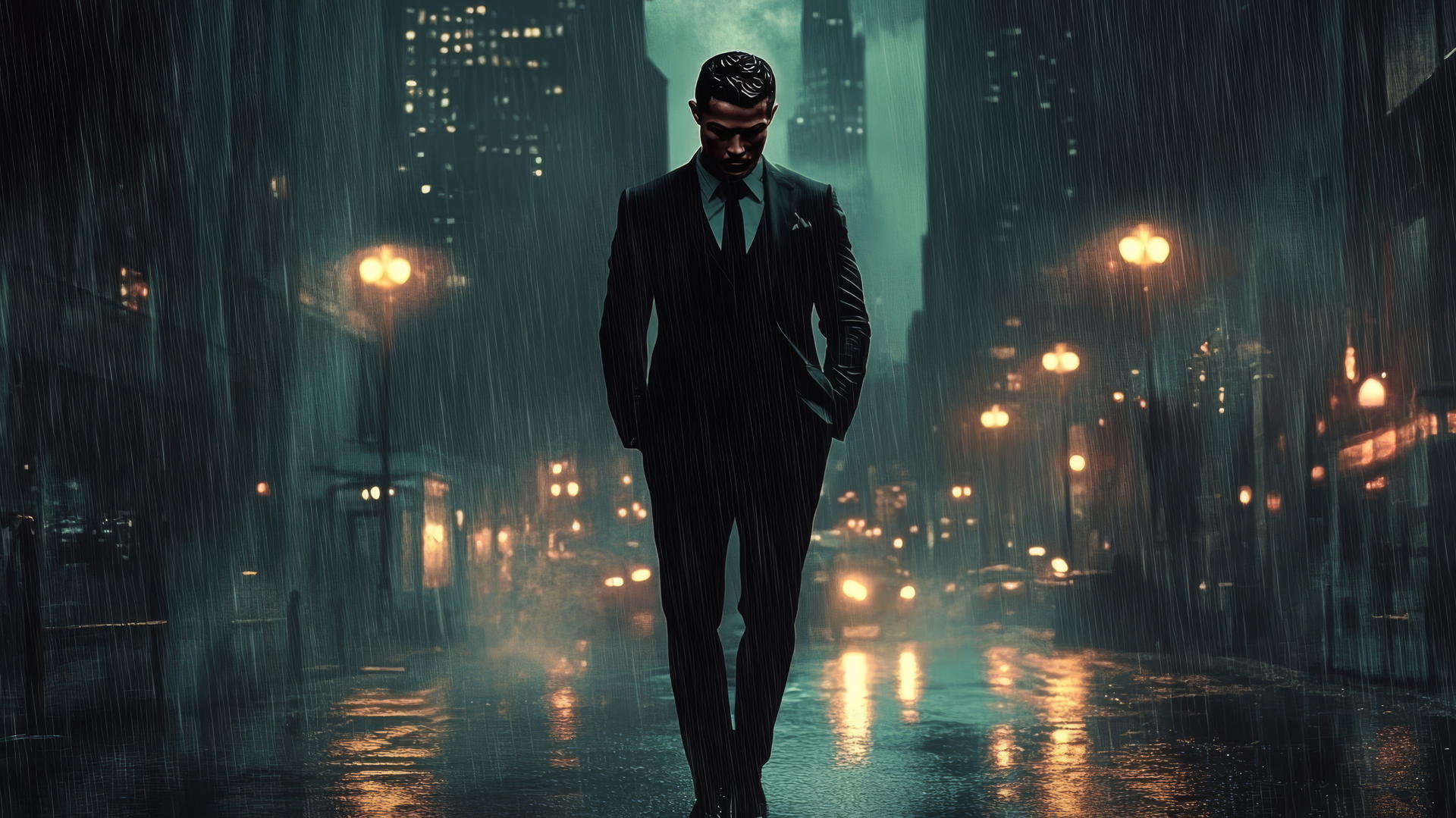 cool ronaldo wallpaper with dark city skyline, tailored suit, glowing streetlights, and reflections