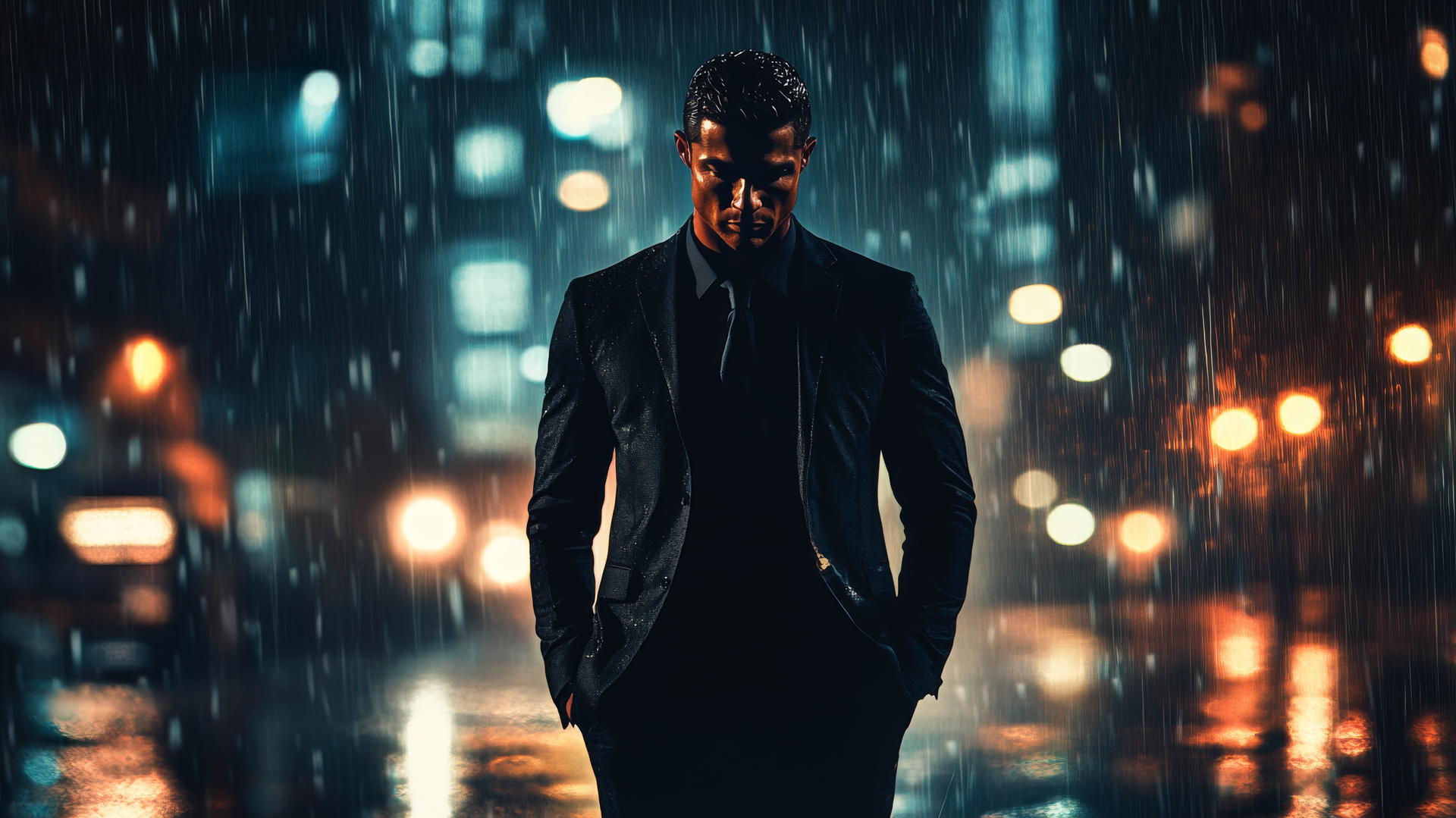 Cristiano Ronaldo 4k wallpaper with moody city skyline, suit, streetlights, rain.