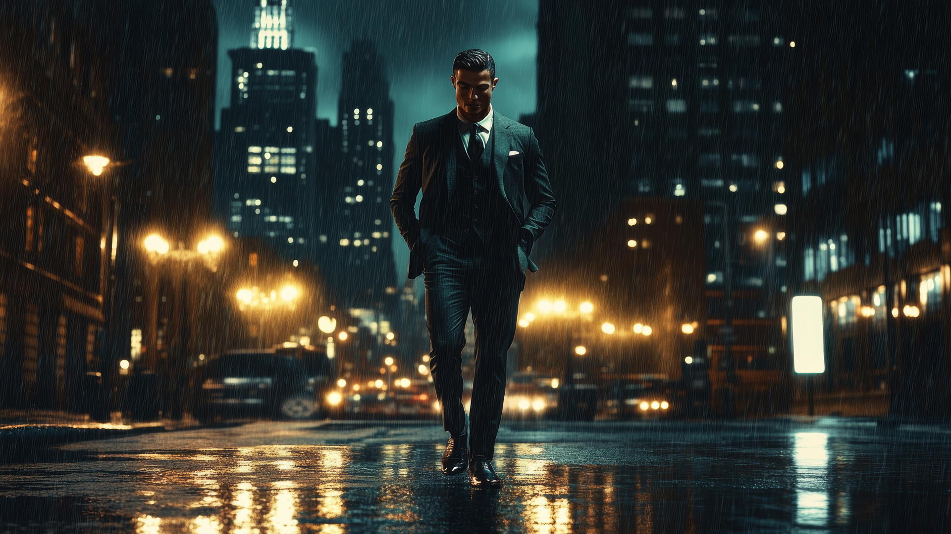 Cristiano Ronaldo in a suit with dark city skyline, under glowing streetlights, reflections on wet pavement, cristiano ronaldo 4k wallpaper
