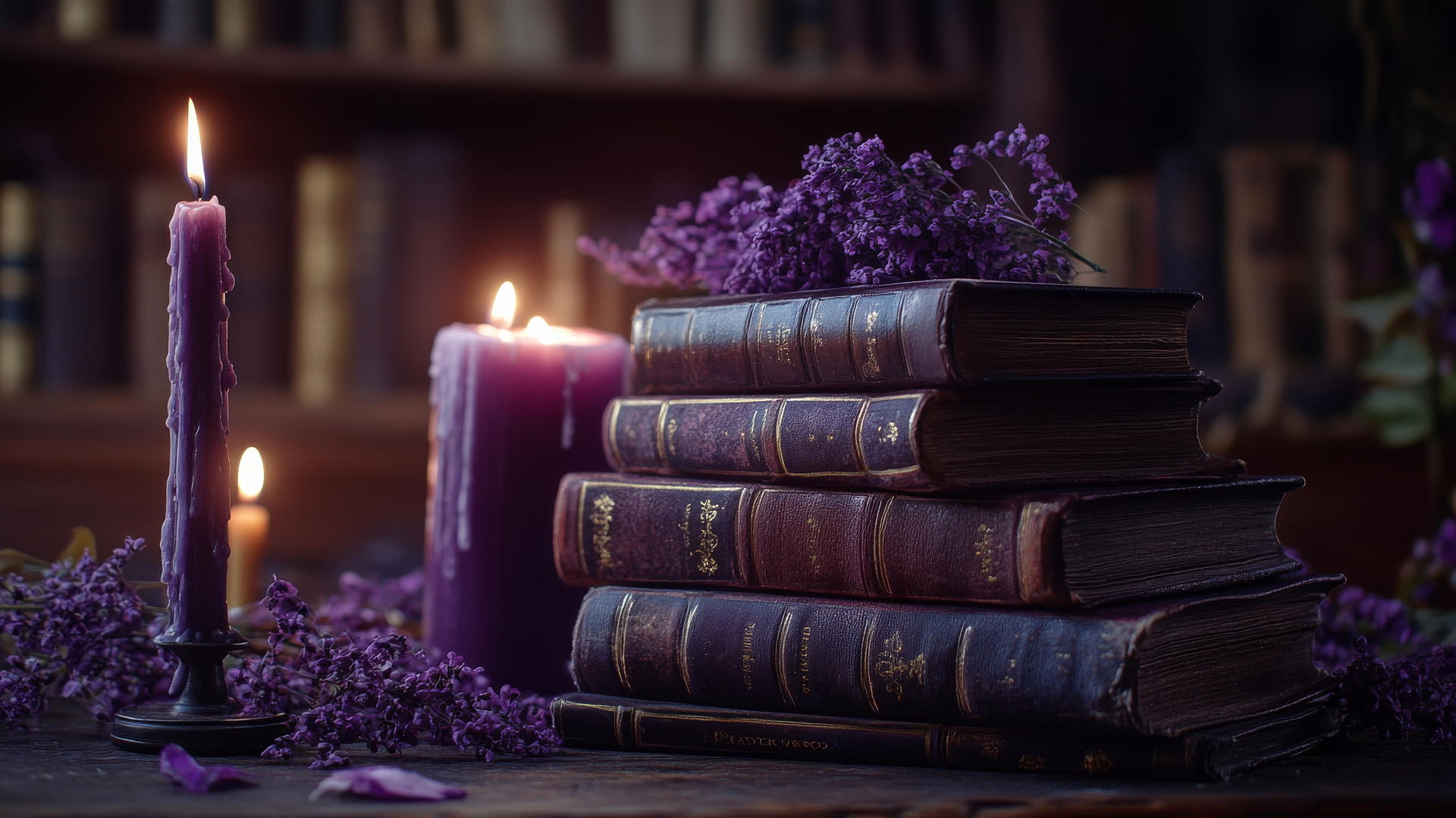 purple aesthetic wallpaper 4k with dark academia theme, antique books, and candlelight