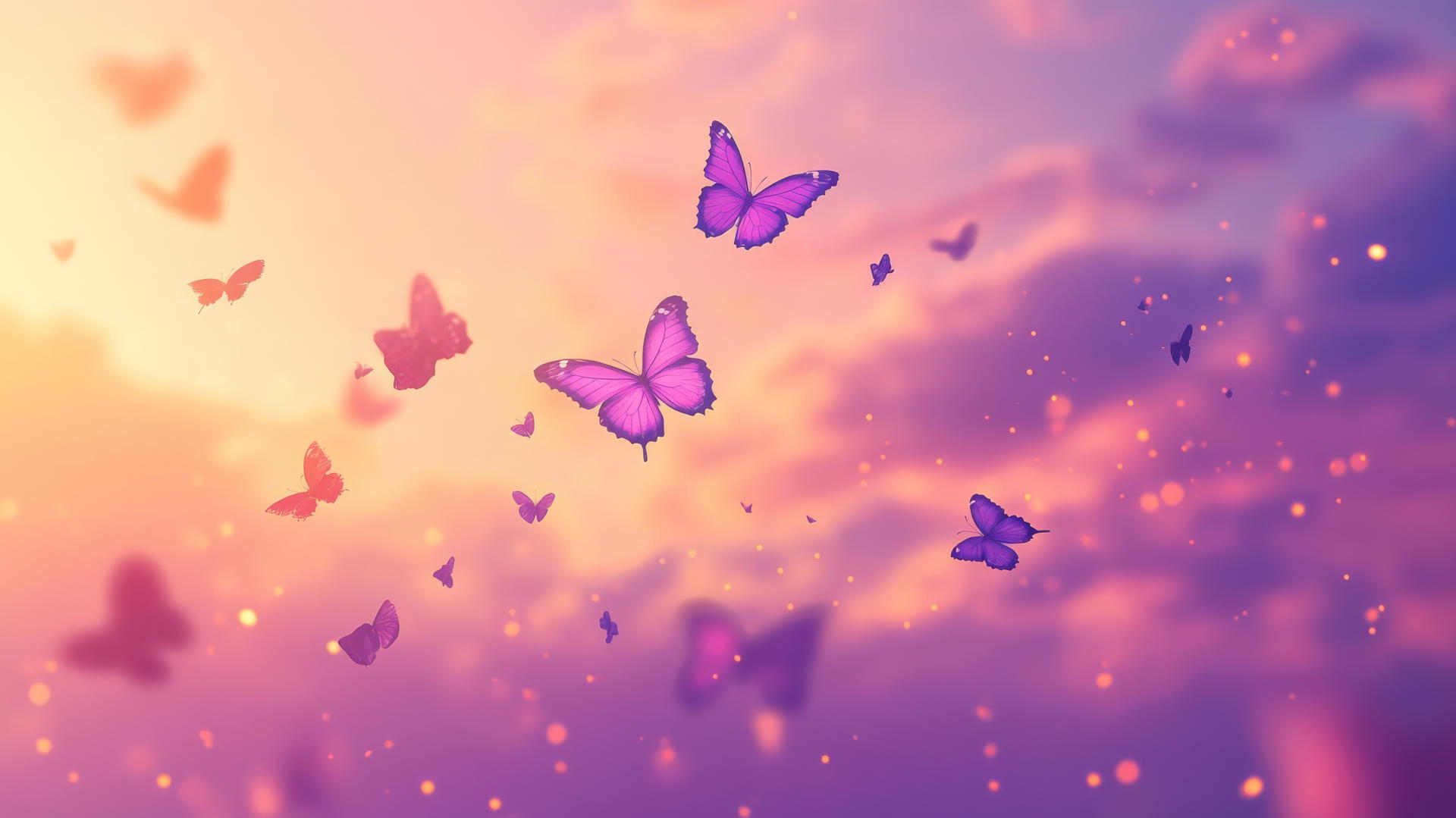 purple butterfly wallpaper with butterflies flying across a sunset sky