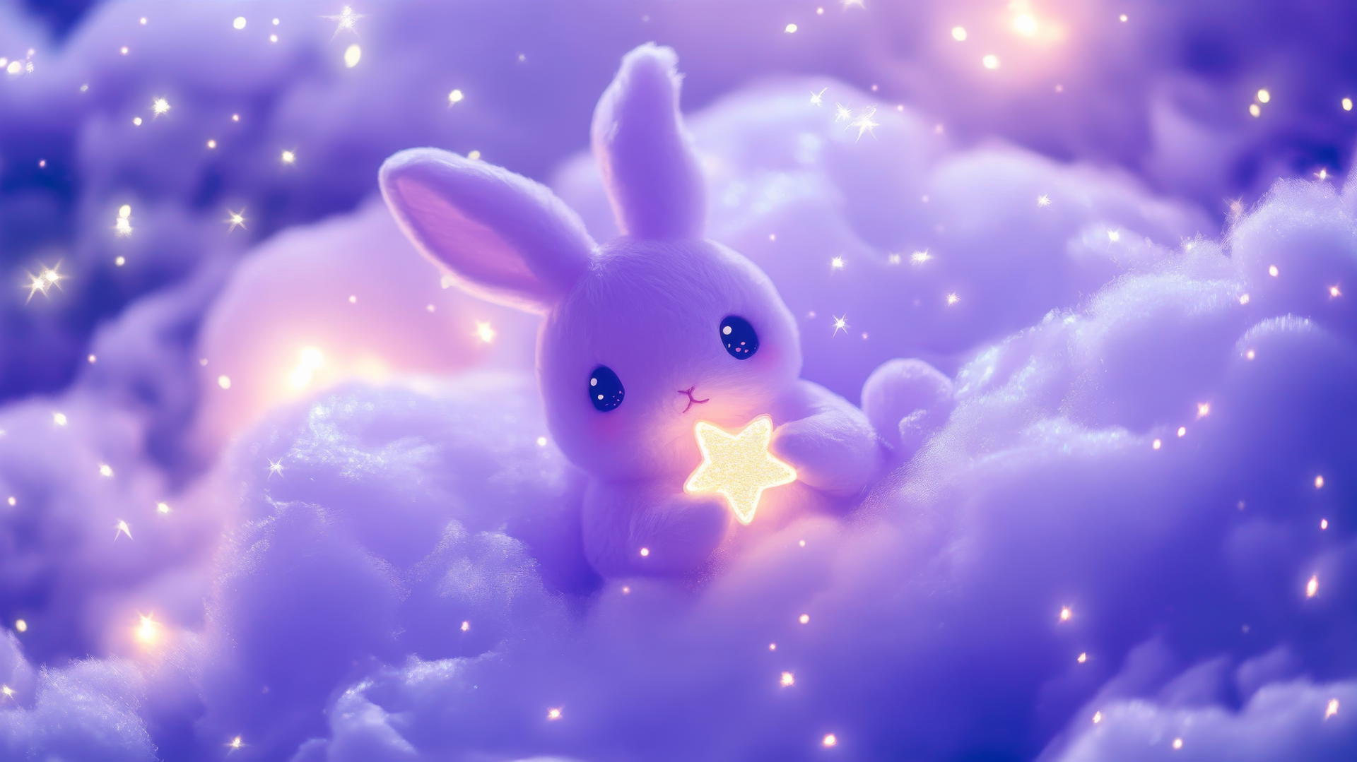cute purple wallpaper with kawaii bunny holding a tiny star on a fluffy cloud with sparkles