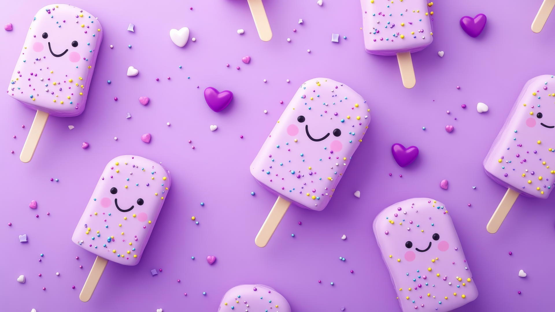 Cute purple wallpaper with smiling popsicles, sprinkles, and hearts