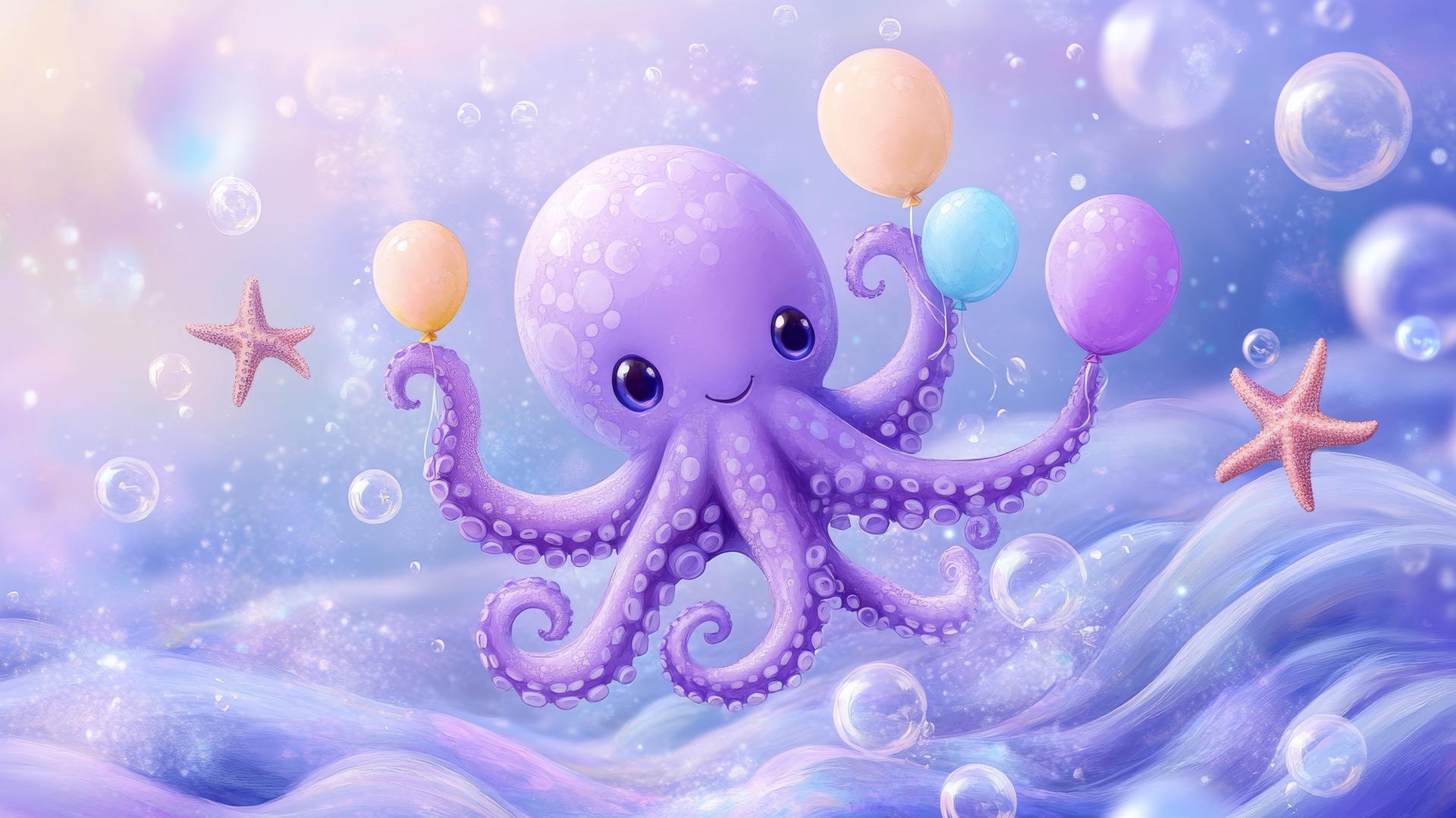cute purple wallpaper of an octopus holding balloons among waves, starfish, and bubbles