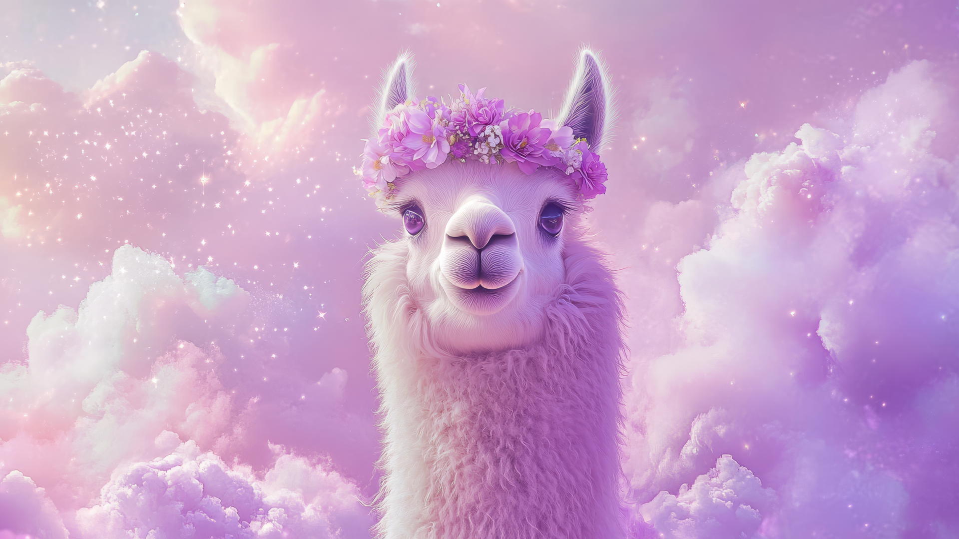 Cute purple wallpaper featuring a llama with a flower crown, pastel clouds, and sparkles.