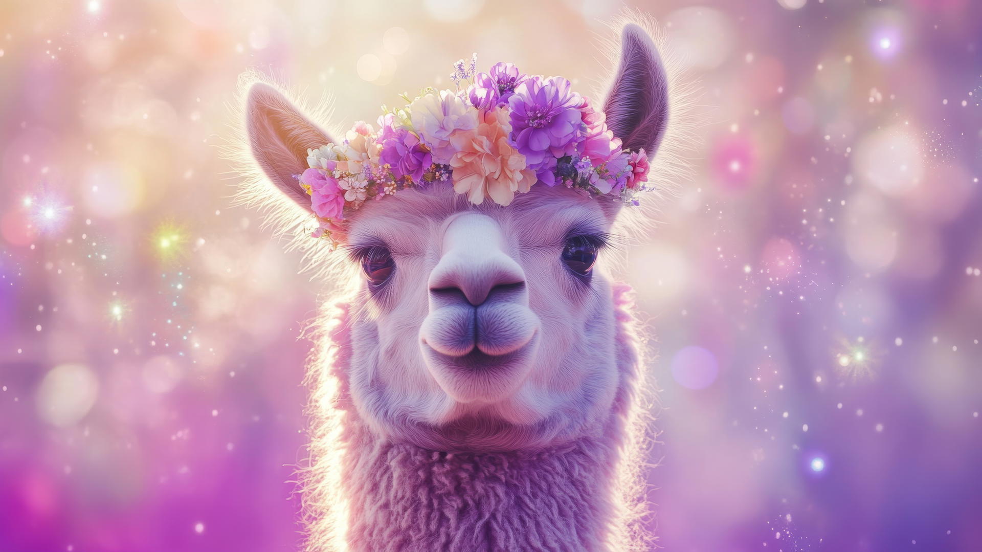 cute purple wallpaper featuring a llama with a flower crown, pastel clouds, and sparkles