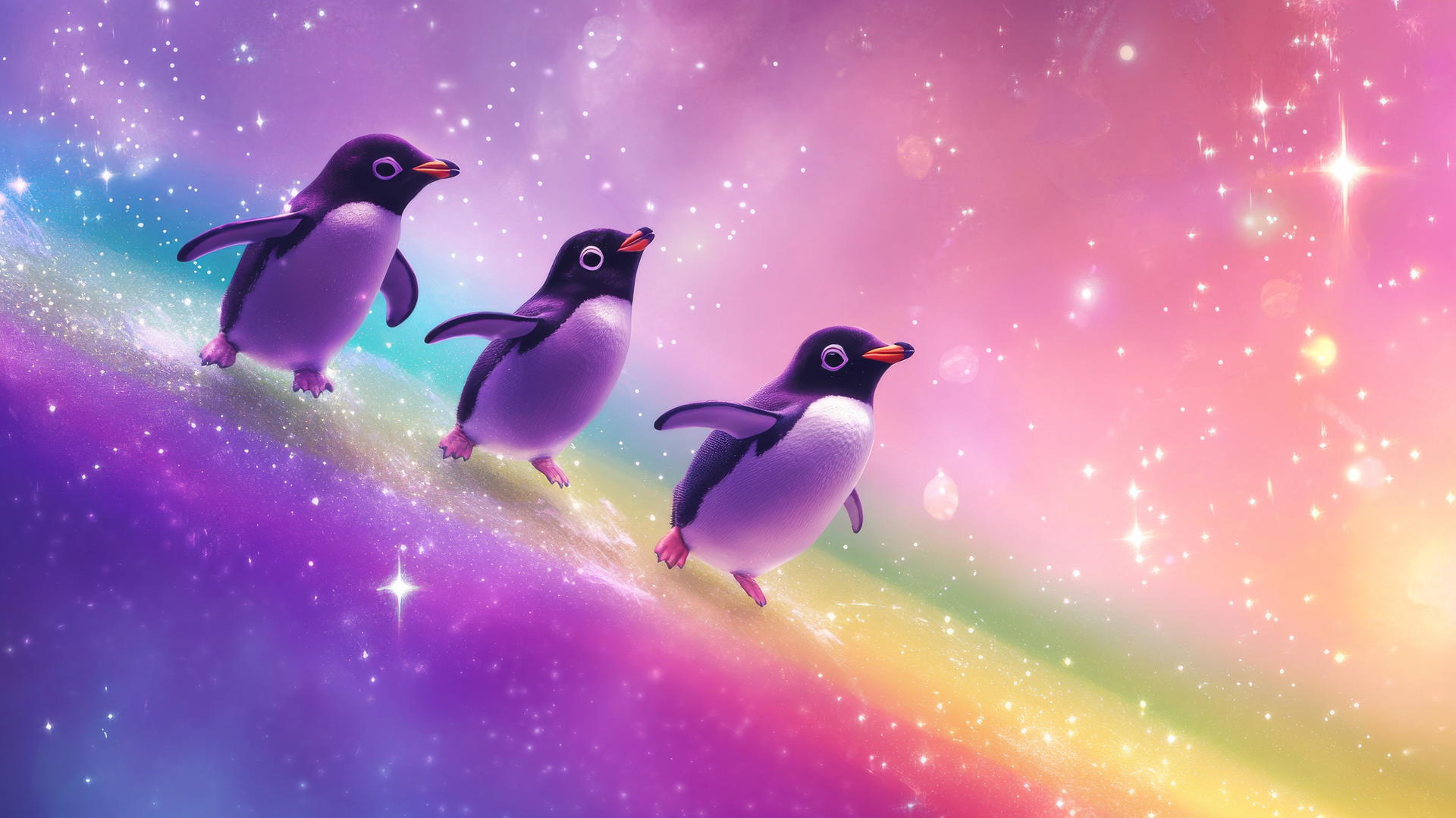 cute purple wallpaper with chubby purple penguins sliding down a rainbow and tiny stars in the background