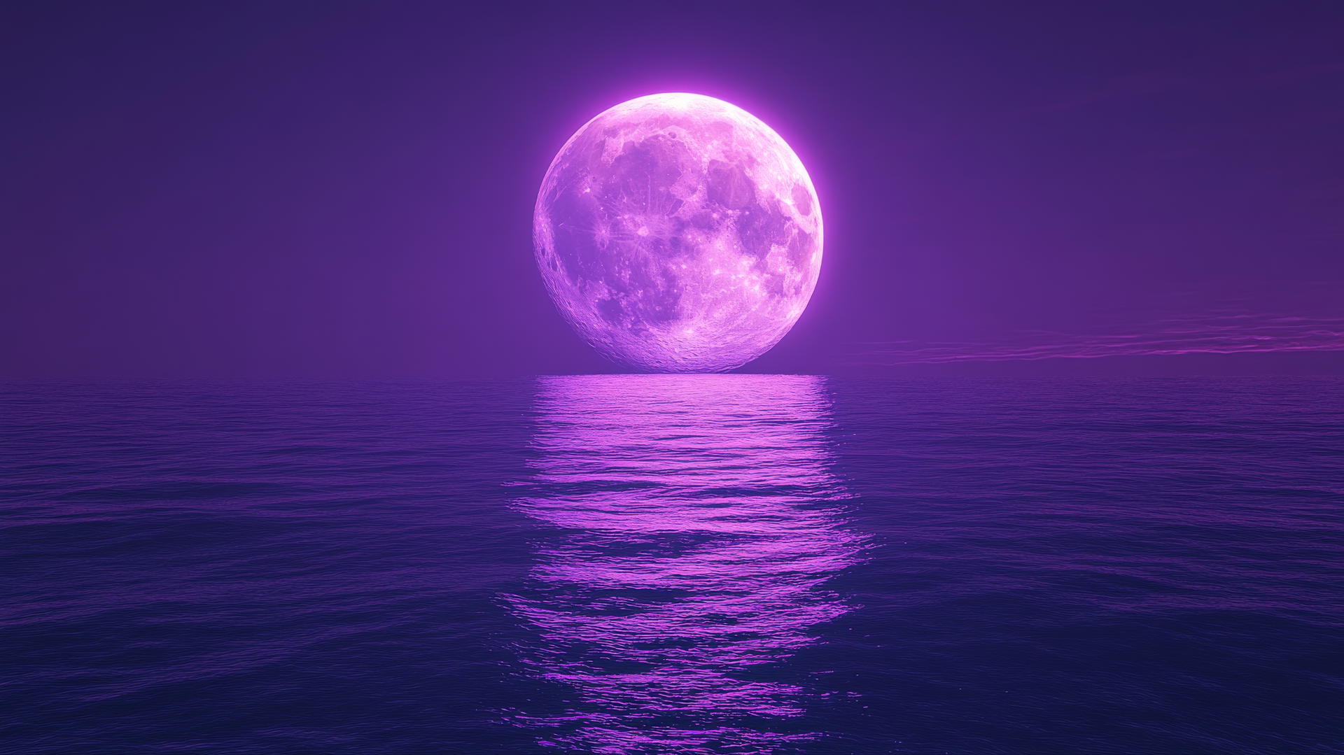 Neon purple aesthetic wallpaper with glowing moon and ocean reflections.