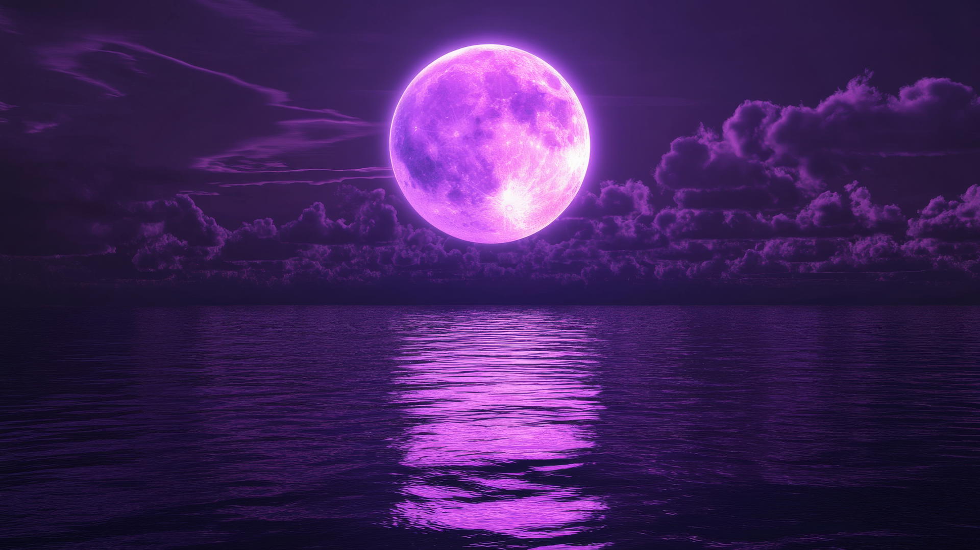neon purple aesthetic wallpaper with a glowing moon over a calm ocean