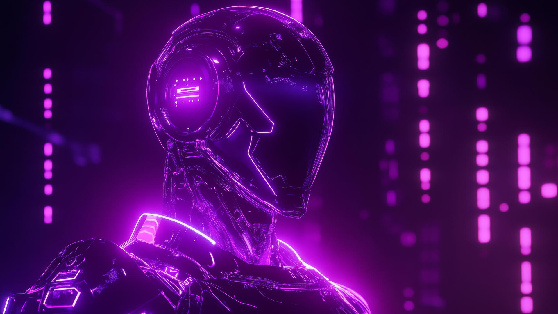 A futuristic robot figure outlined in neon purple lights against a dark backdrop with glowing electric circuits, neon purple aesthetic wallpaper