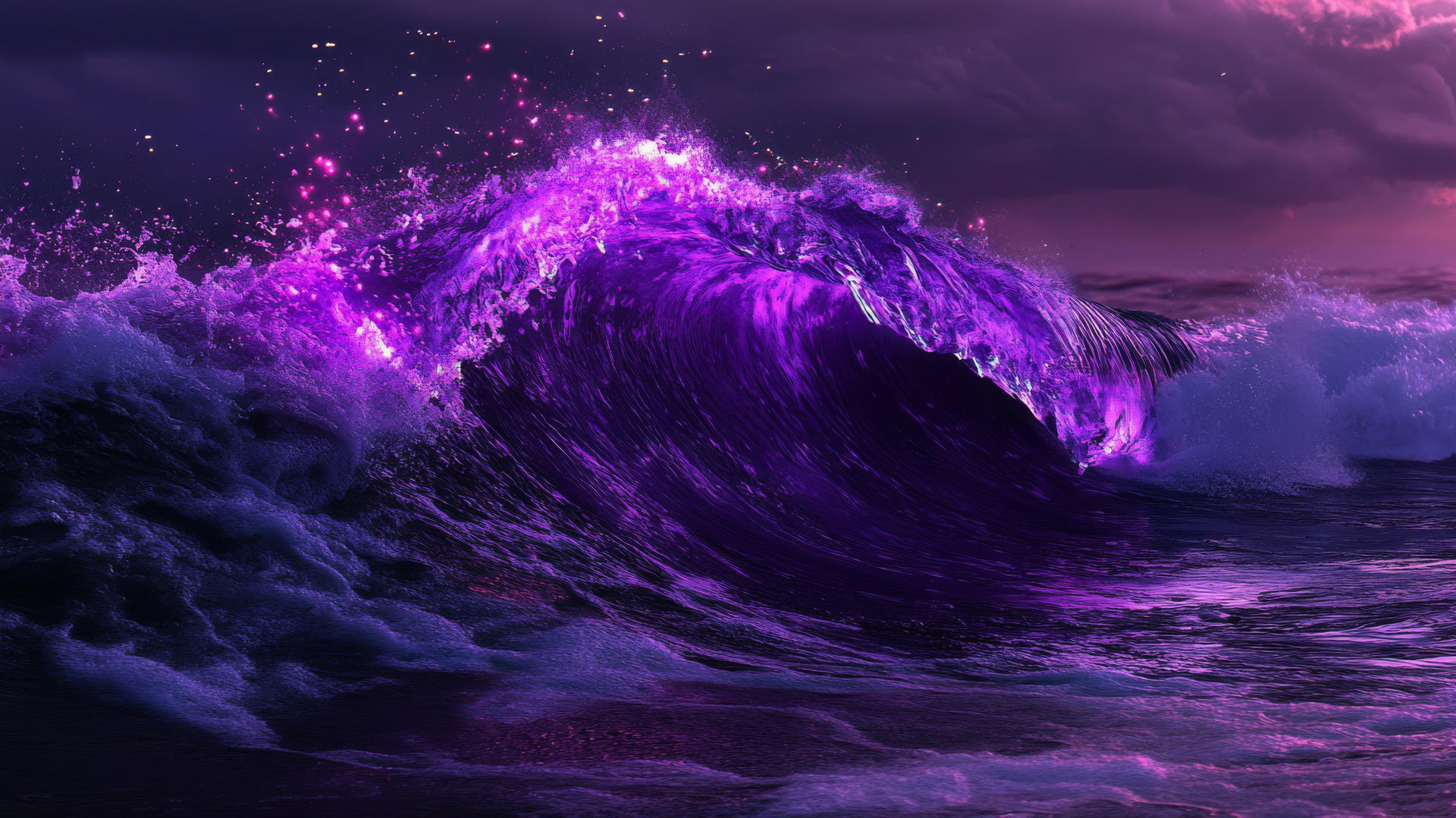 neon purple aesthetic wallpaper with a wave crashing against a dark shore