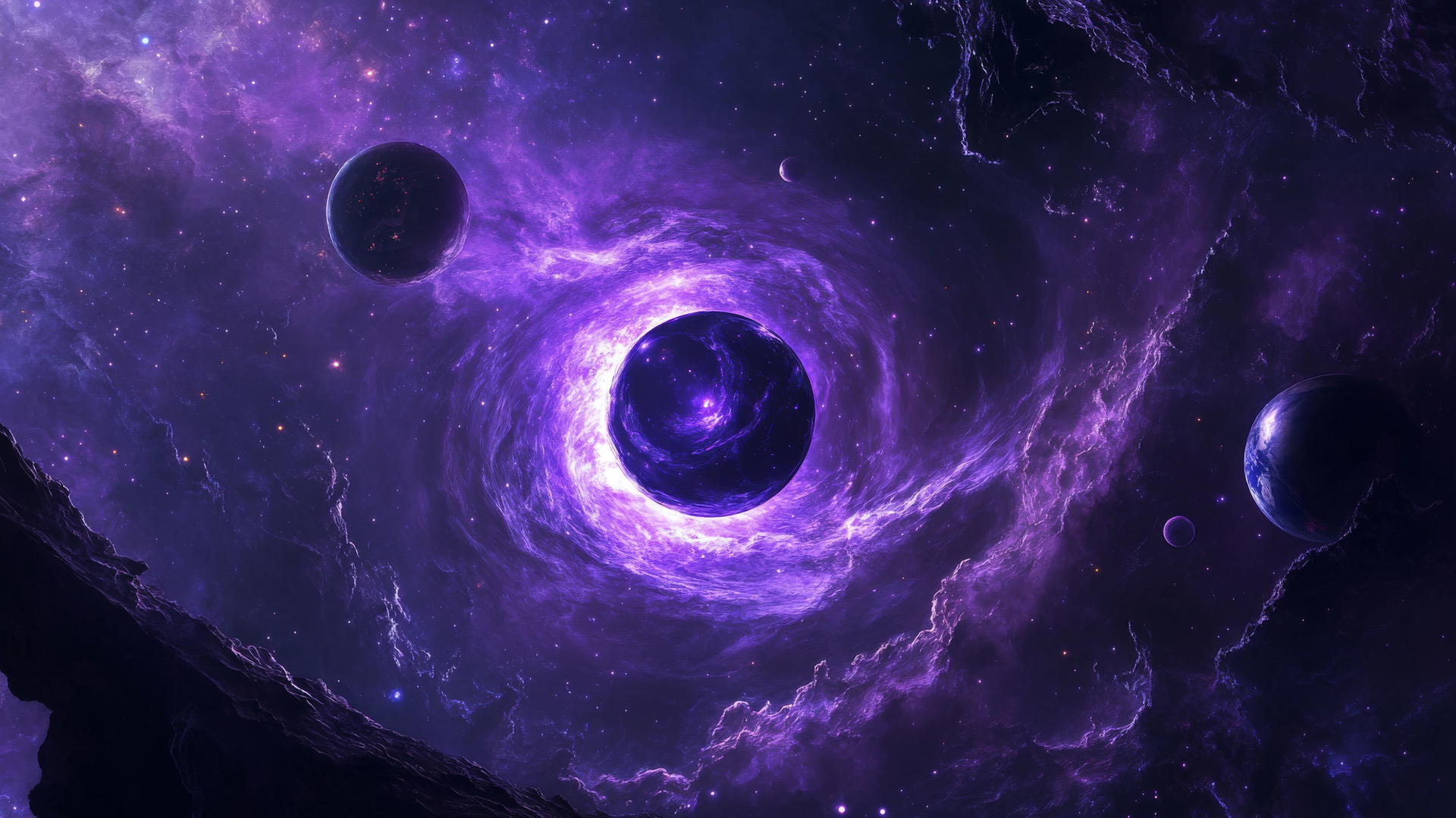 dark purple wallpaper with swirling nebulae, distant stars, and glowing planets