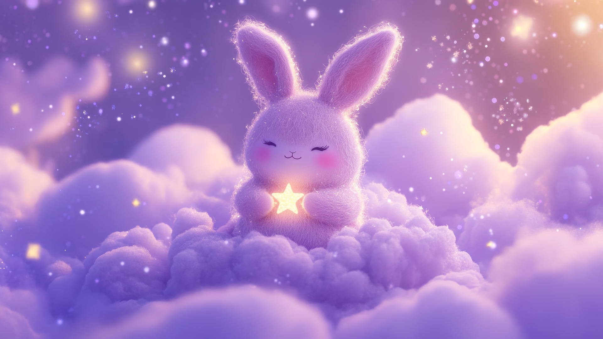 A cute purple wallpaper featuring a kawaii purple bunny holding a tiny star, floating on a fluffy lavender cloud with soft sparkles and twinkling lights.