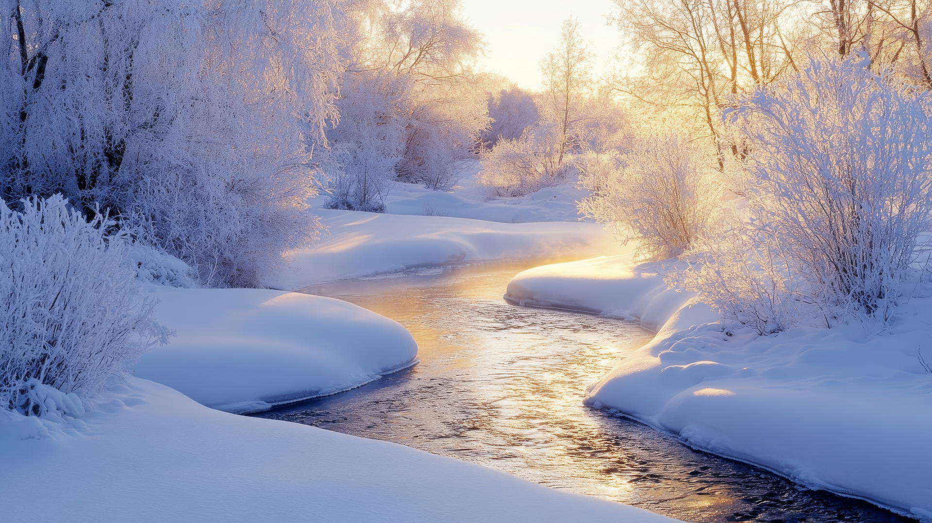 Winter wonderland wallpaper of a serene snow-covered meadow with a crystal-clear river and frosted trees.