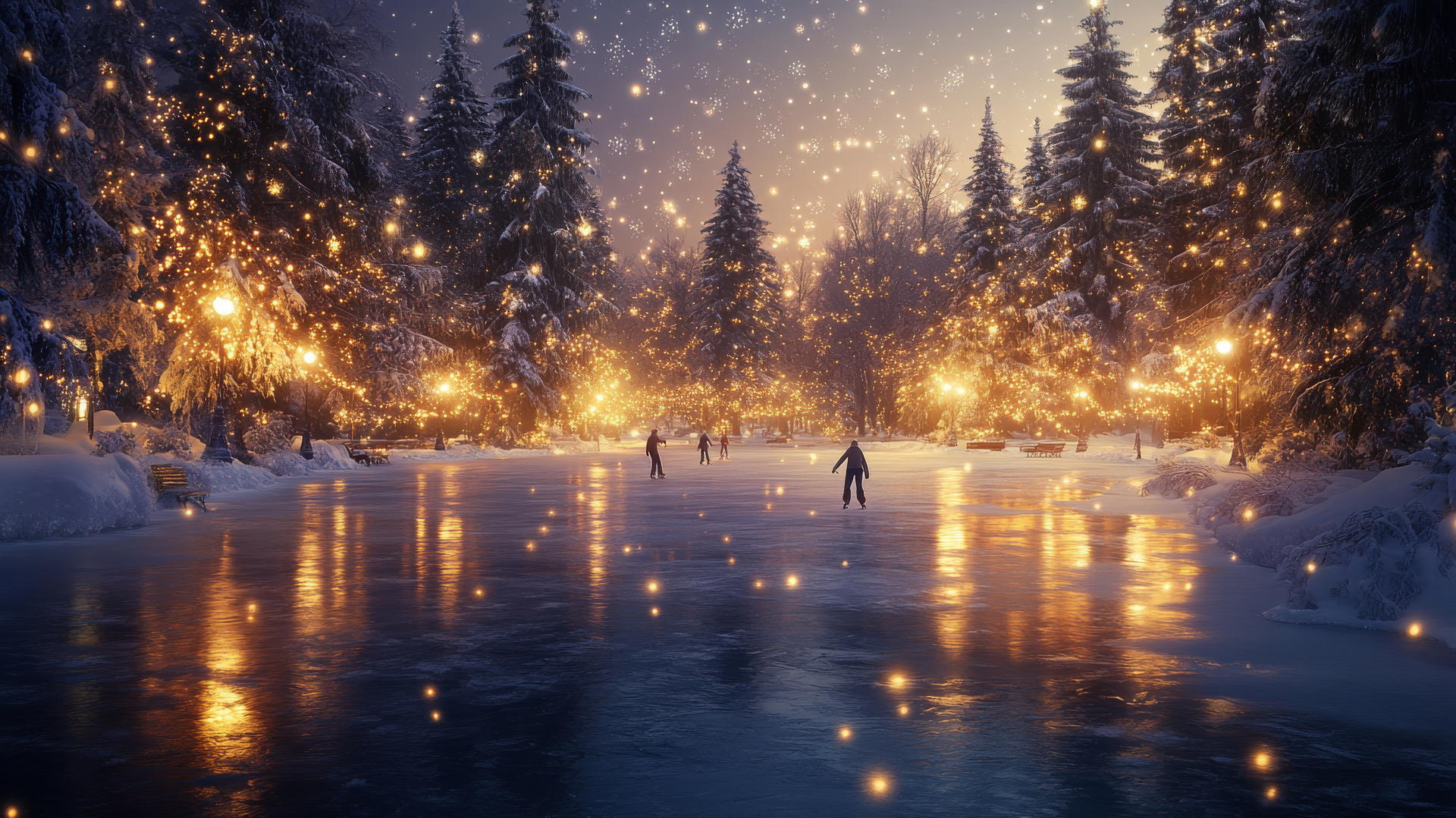 winter wonderland wallpaper with ice skaters on a frozen pond under fairy lights