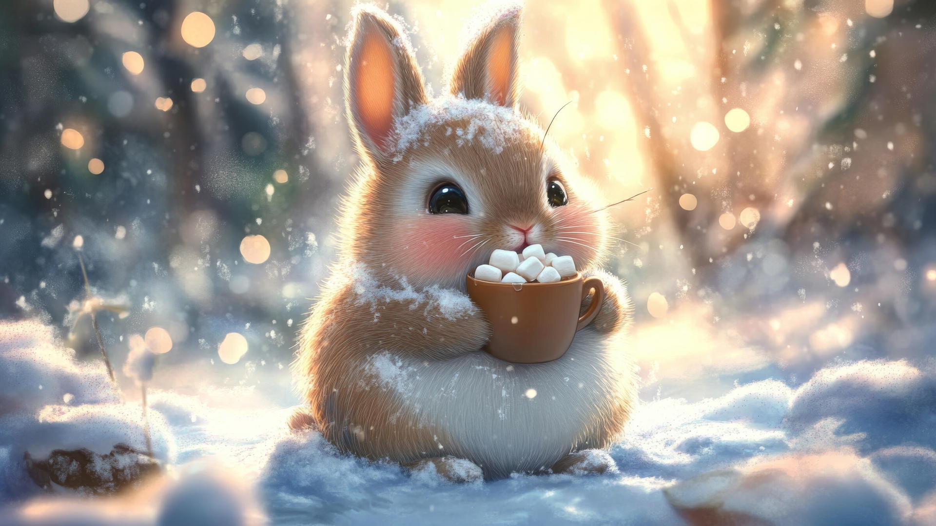 Cute winter wallpaper with a chubby bunny holding hot cocoa in the snow