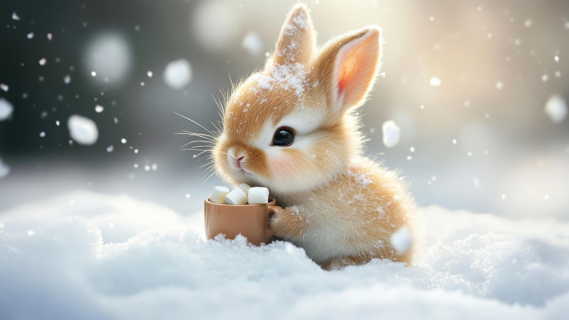 cute bunny wallpaper with a chubby bunny in the snow holding hot cocoa