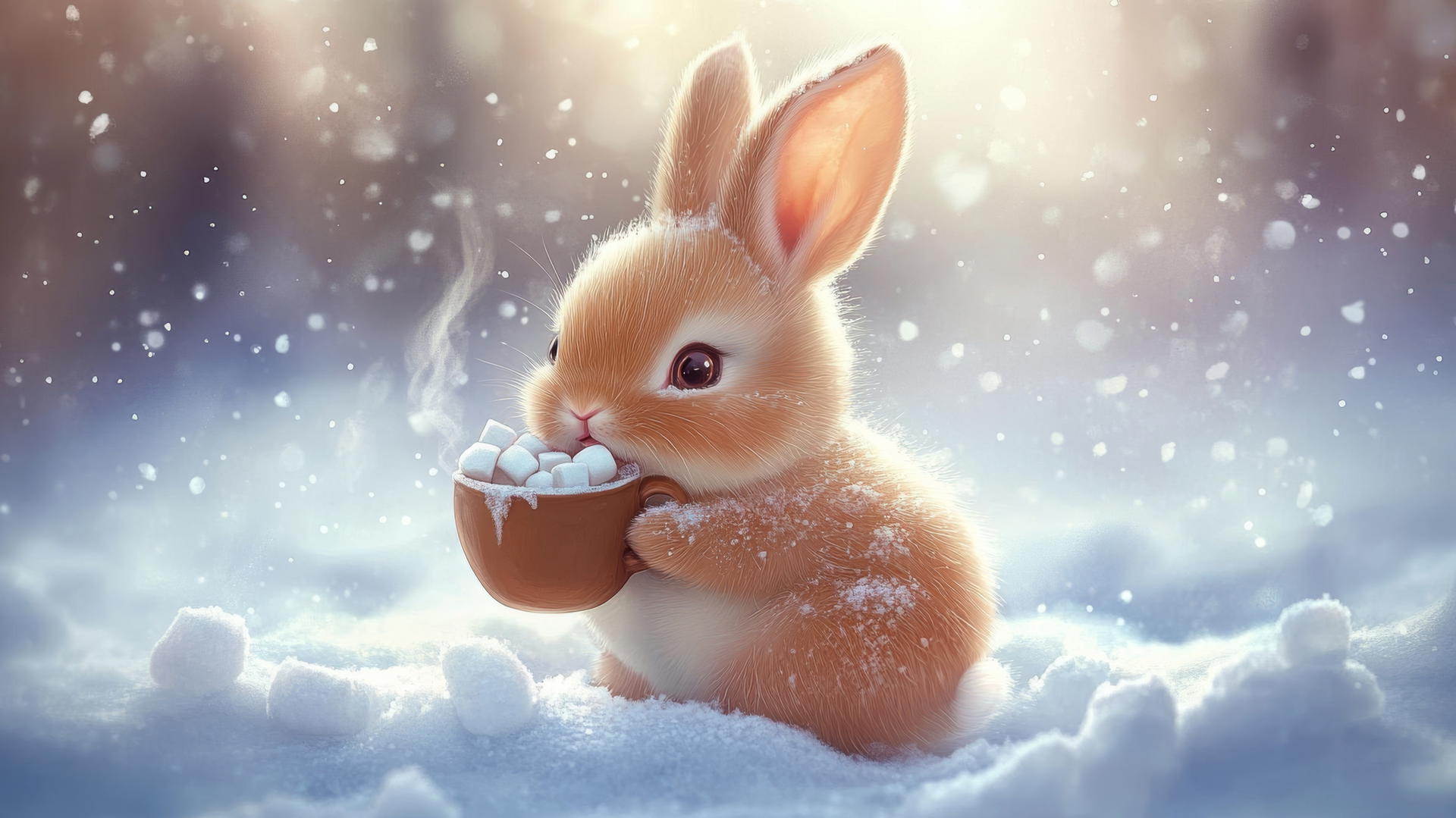 cute bunny wallpaper with a chubby bunny holding hot cocoa in the snow