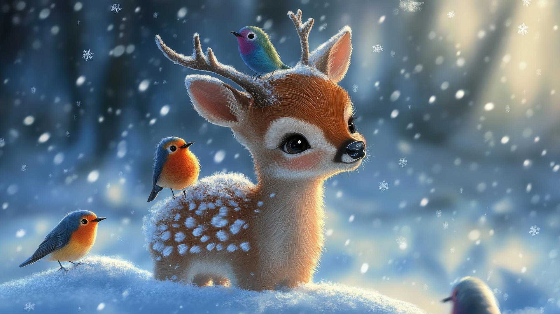 Cute winter wallpaper with a baby deer and colorful birds in a snowy field