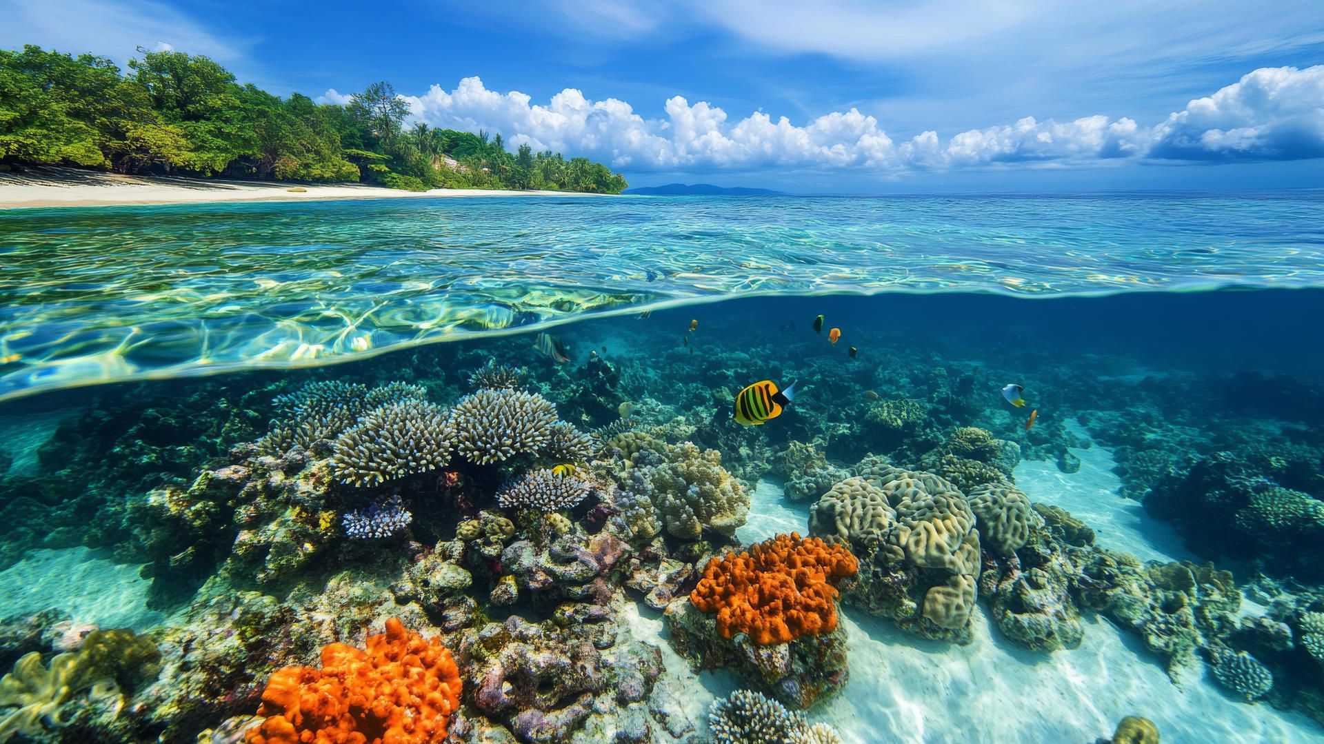 tropical beach wallpaper with coral reefs, fish, and white sand