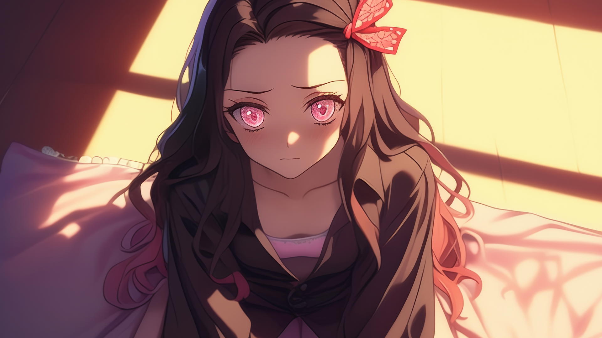 demon slayer wallpaper of Nezuko kneeling in a modern hotel room with warm light