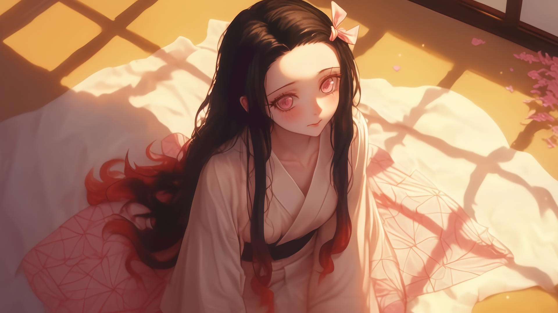 nezuko from Demon Slayer kneeling in office shirt in warm-lit modern hotel room, demon slayer wallpaper