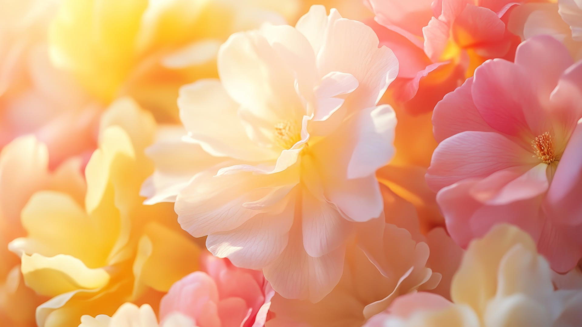 spring flowers wallpaper with delicate petals in pink, yellow, and white, gently lit by golden sunlight