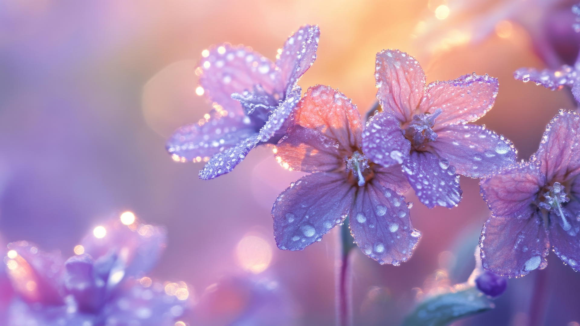 spring flowers wallpaper shining with dew drops in early morning light