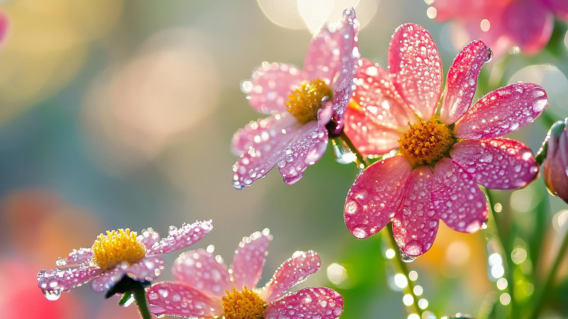 detailed spring flowers wallpaper with dew drops and soft background