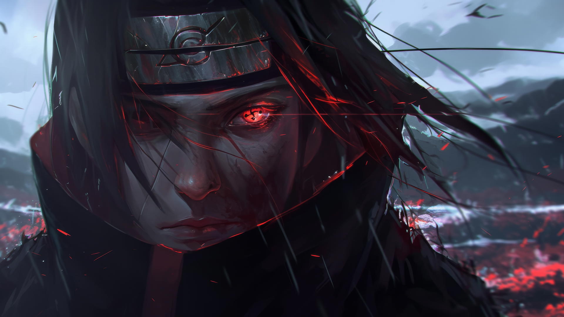 Itachi Uchiha activating his Mangekyou Sharingan with glowing red eyes