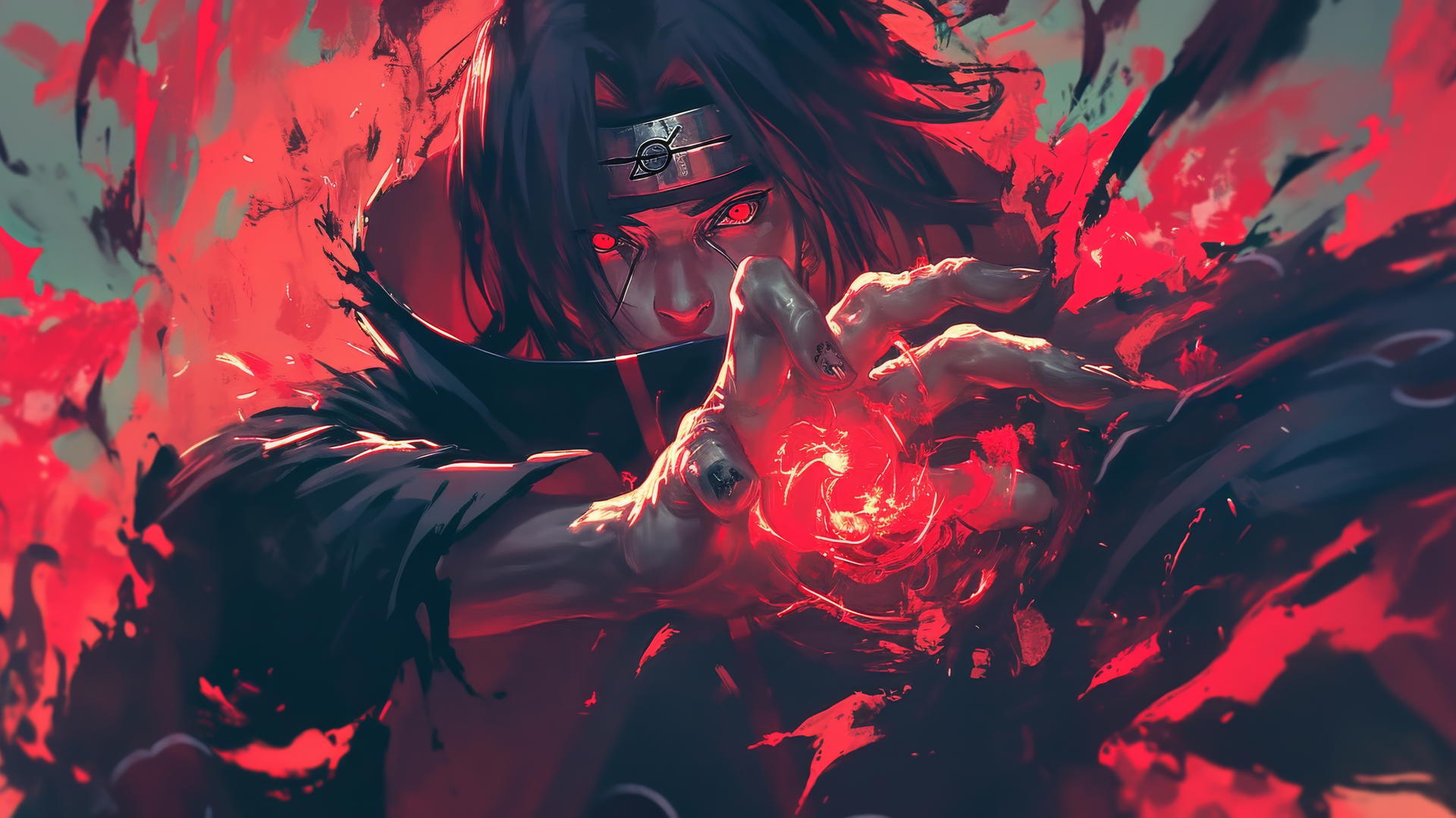 Itachi Uchiha casting a powerful jutsu with glowing hands and active Sharingan