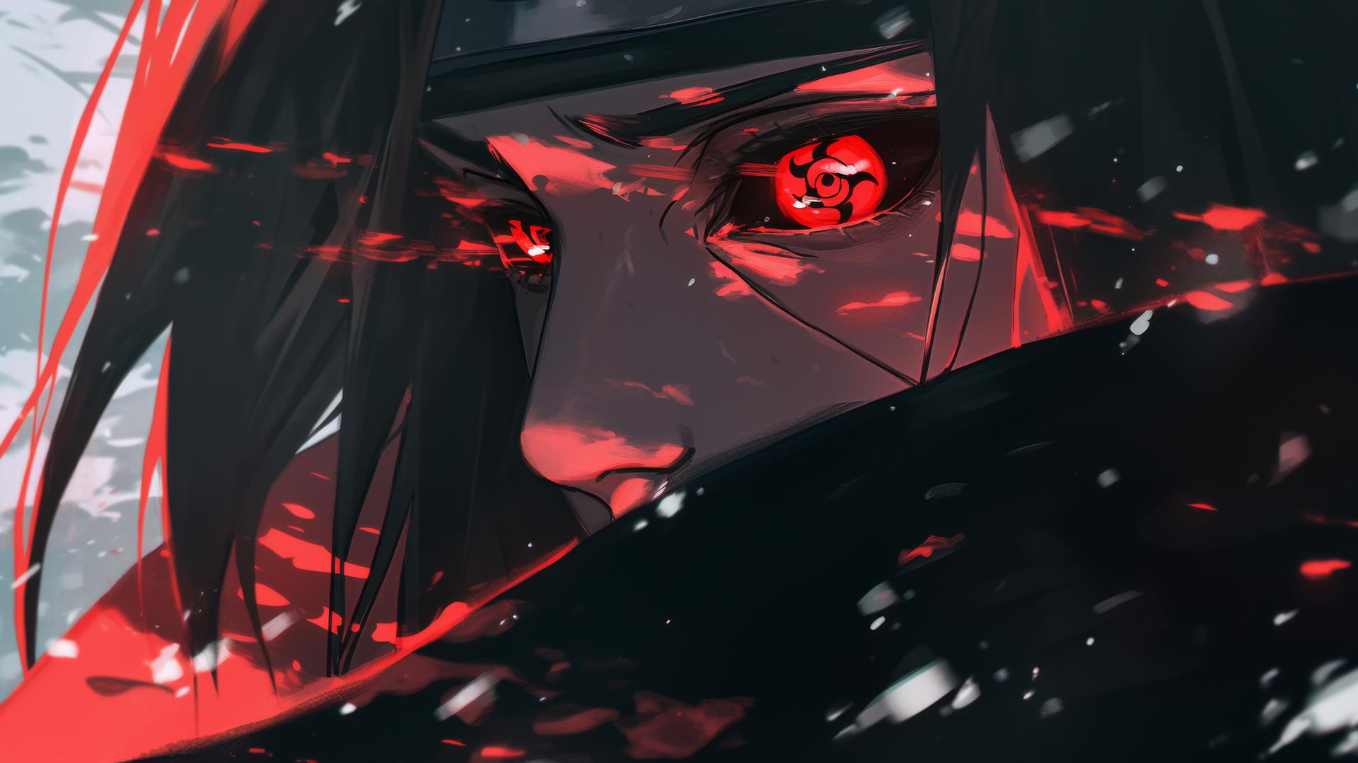Itachi Uchiha with intense gaze, Sharingan, half-shadowed face, red and black aura.